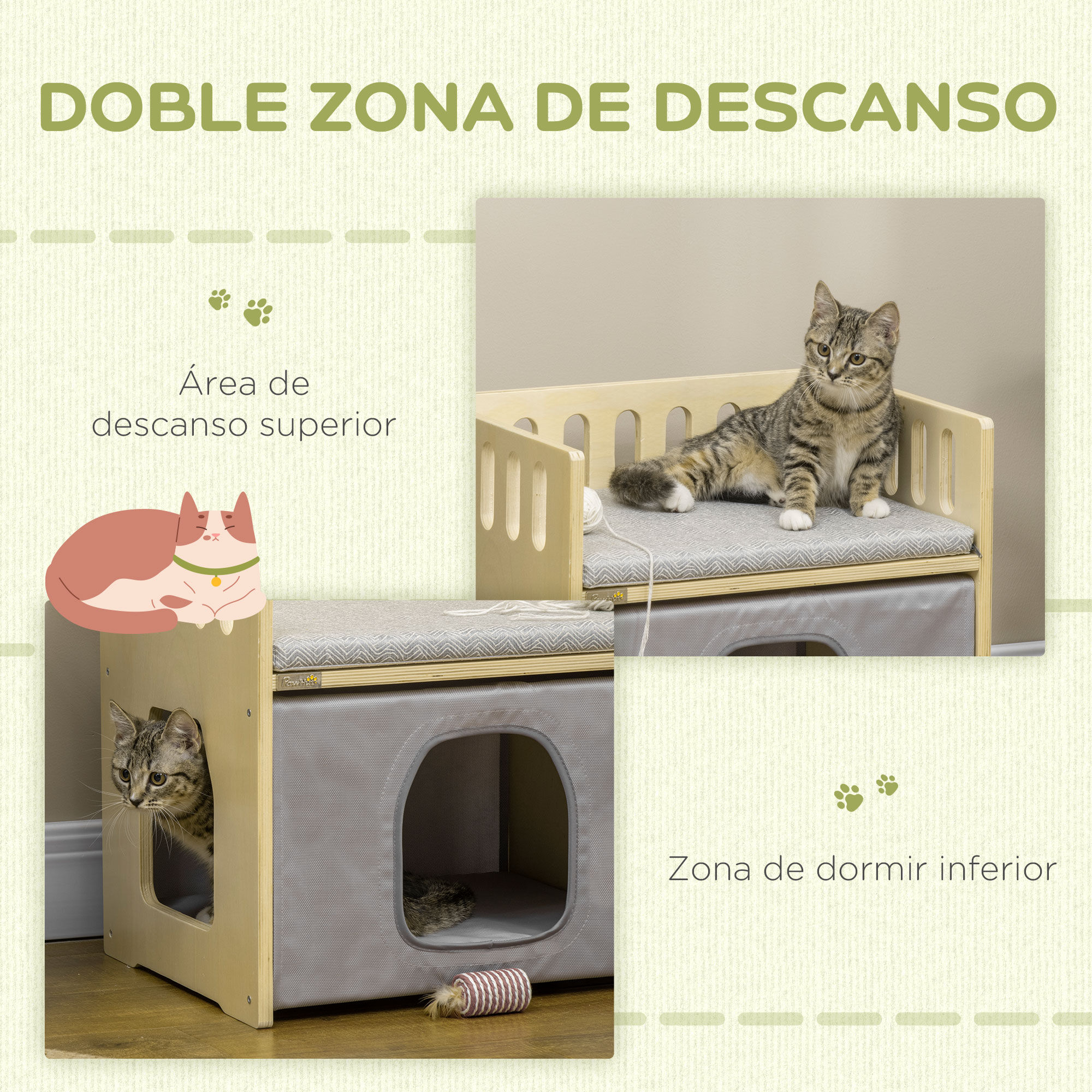 PawHut Cama para Gatos de Madera Cueva para Gatos Casa para Gatos de Interior con 2 Cojines y Cubierta de Tela Oxford Extra&iacute;ble 48x38x47 cm Natural, , large Imagen numero 5