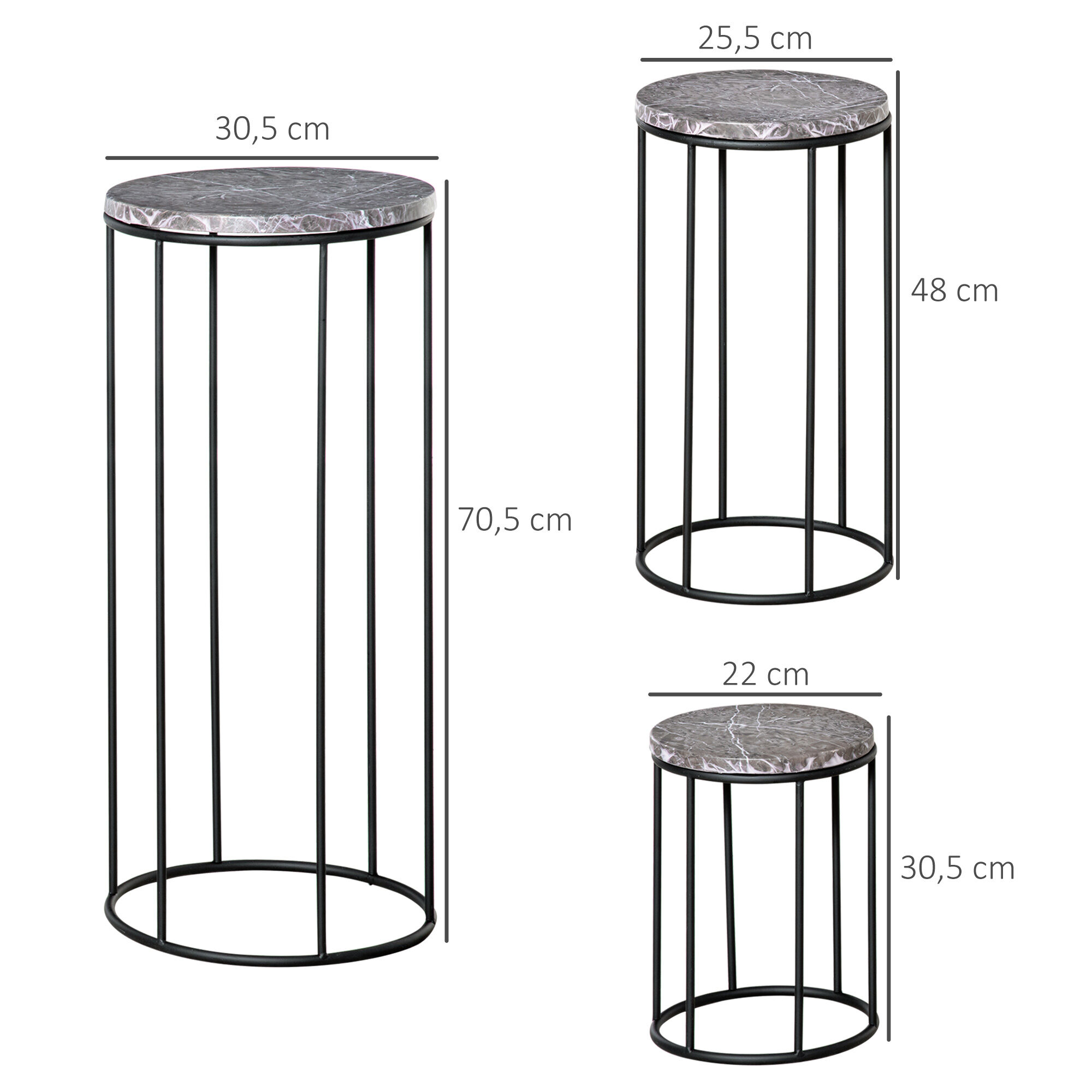 Outsunny Soportes para Plantas de Metal 3 Piezas Apilables Estantes Porta Macetas Decorativos con Efecto de M&aacute;rmol para Interiores y Exteriores &Oslash;30,5x70,5 cm Gris y Negro, , large Imagen numero 3