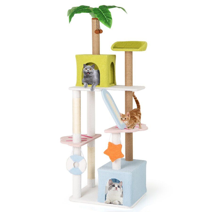 COSTWAY &Aacute;rbol para Gatos de 180 cm, Torre Multinivel Est&eacute;tica de Playa para Gatitos con 2 Condos, Postes de Rascado, Planta Artificial, Juguetes Colgantes, Centro de Actividades para Gatos de Interior, , large Imagen numero 2