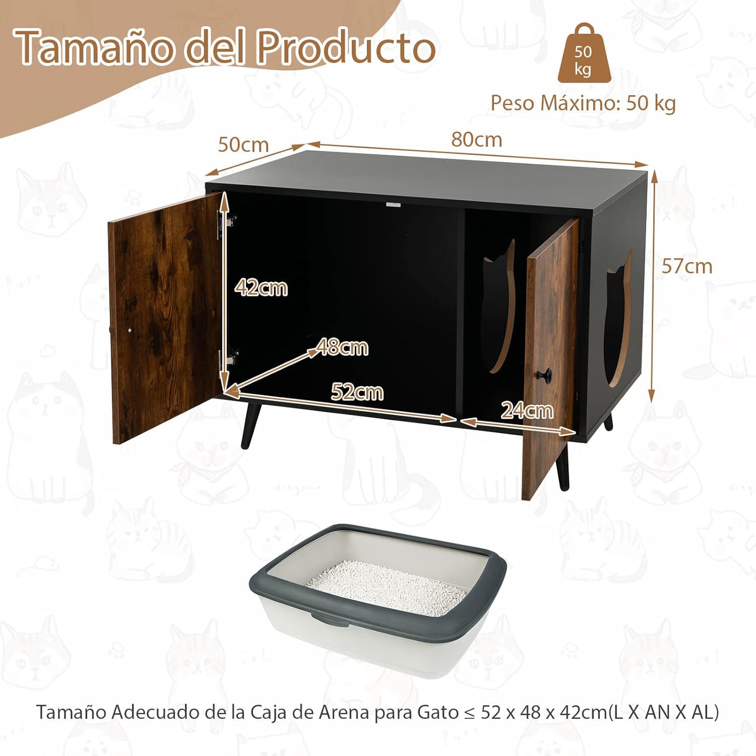 COSTWAY Mueble Moderno para Caja de Arena para Gatos, Escondite para Ba&ntilde;o de Gato con Entrada, Compartimento Abierto, Gabinete de Madera para Muebles de Gato, para Interiores (60 x 45 x 75 cm), , large Imagen numero 4