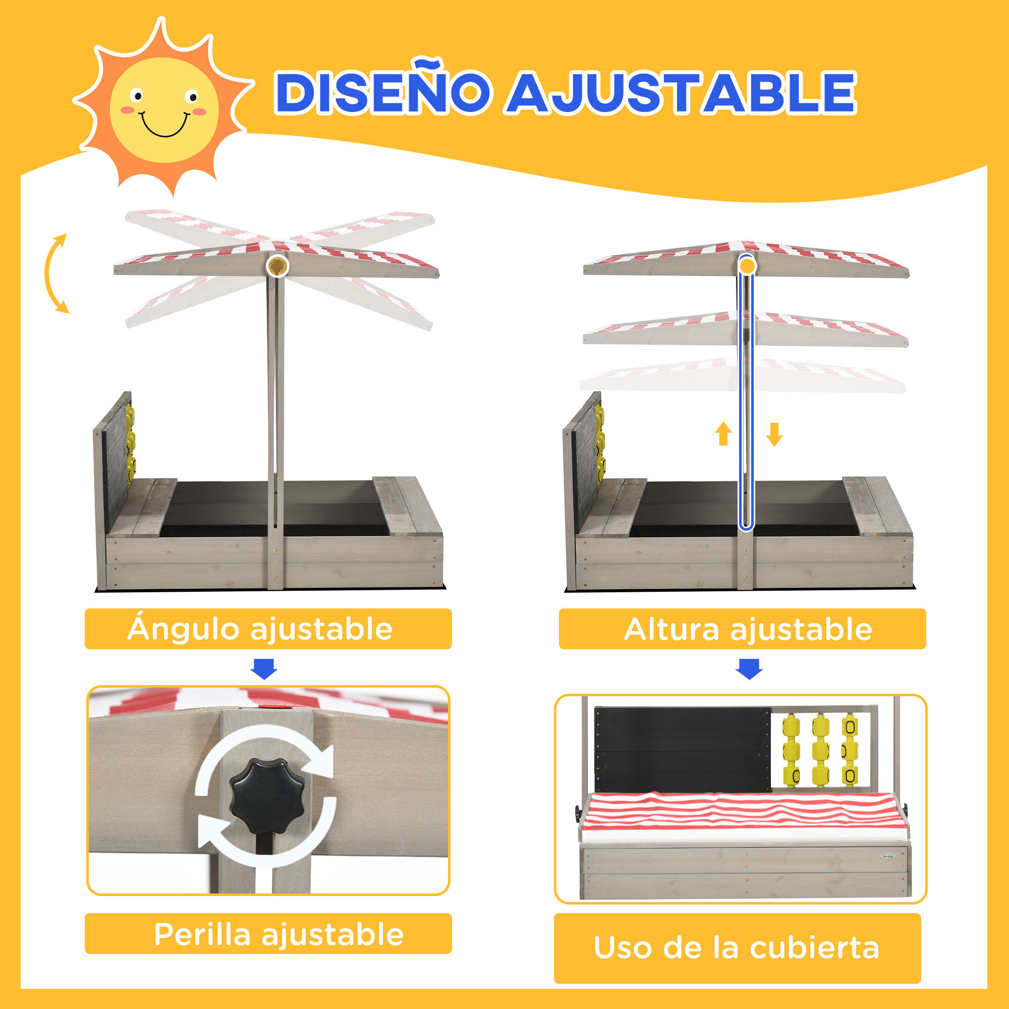 Outsunny Arenero de Madera para Ni&ntilde;os de 3-7 A&ntilde;os Arenero Infantil con Techo Ajustable de Tela no Tejida Banco de 2 Asientos Pizarra y Juguetes para Patio Jard&iacute;n 114x113x110 cm Gris, , large Imagen numero 5