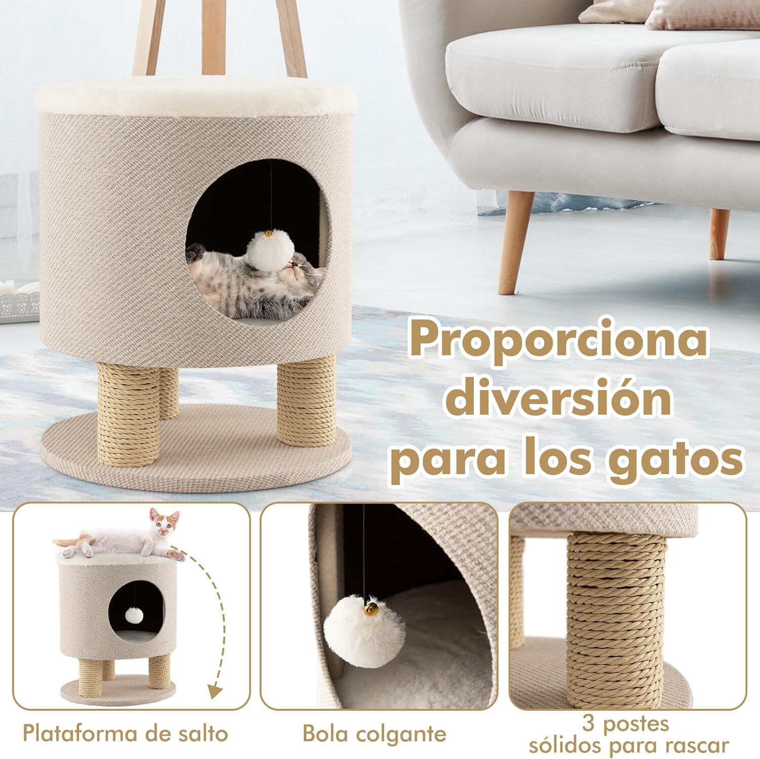 COSTWAY Taburete 3 en 1 con Condominio y Poste Rascador en Beige para gatos thumbnail