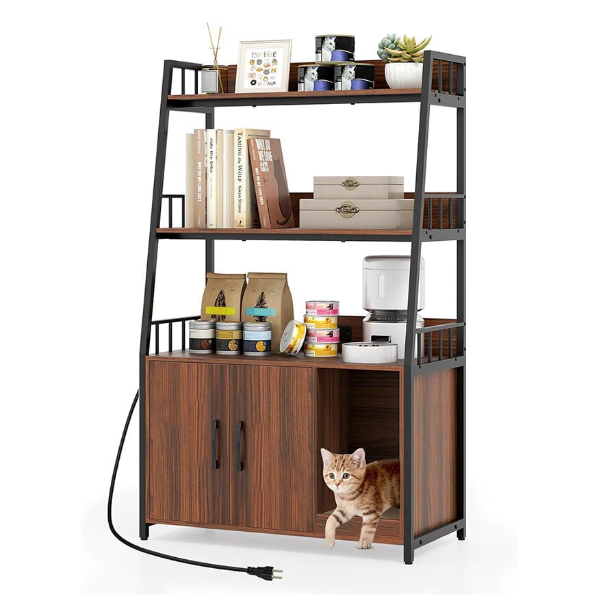 COSTWAY Armario para Gatos, Armario de Caja de Arena con Estantes de Almacenamiento, Almohadilla para Arañar, Estación de Carga, Mueble de Interior Resistente con Kit Antivuelco (Nogal)