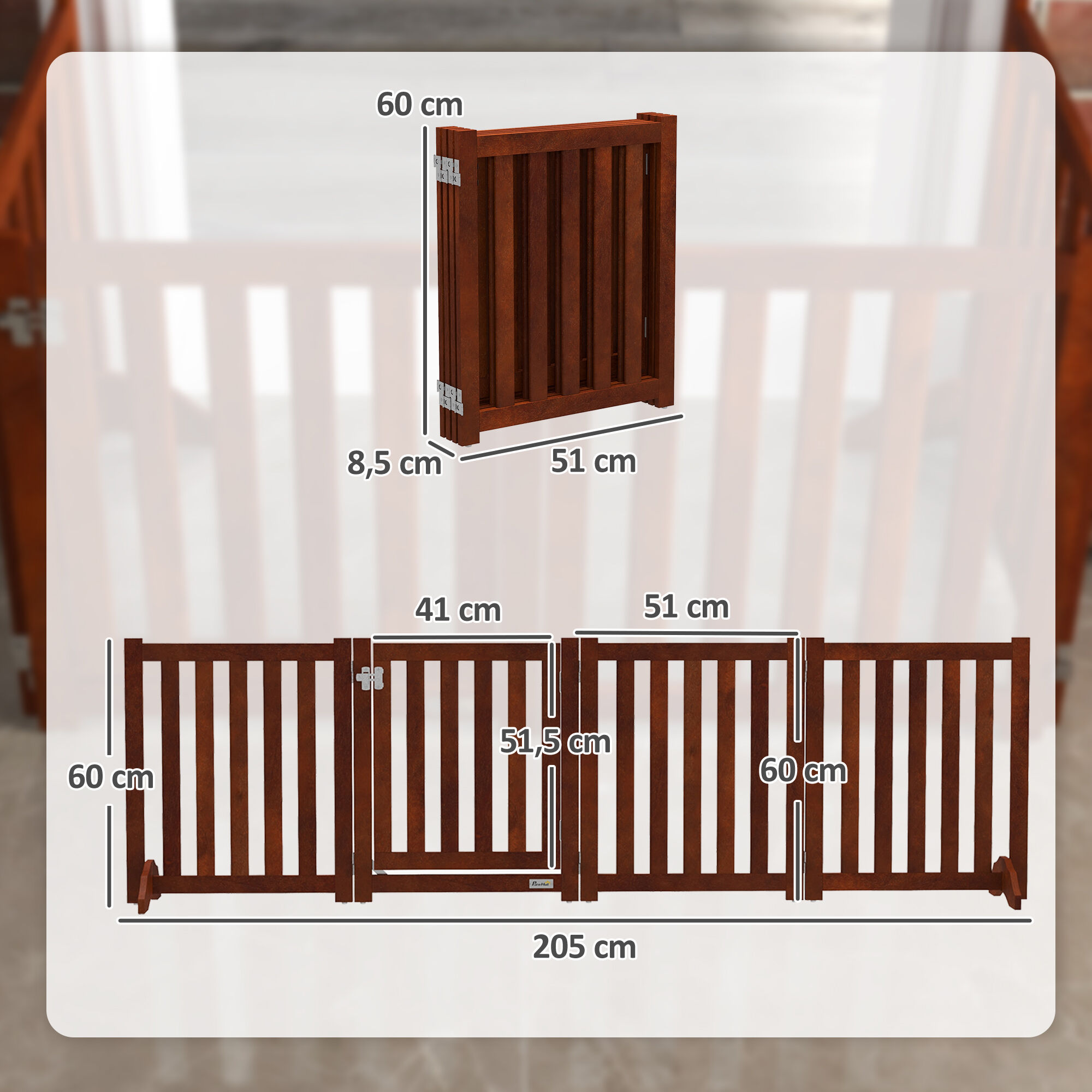 PawHut Barrera de Seguridad para Perros Plegable para Escaleras y Puertas Valla para Perros Pequeños de 4 Paneles con Soporte de Pie para Interiores 205x30x60 cm Marrón thumbnail