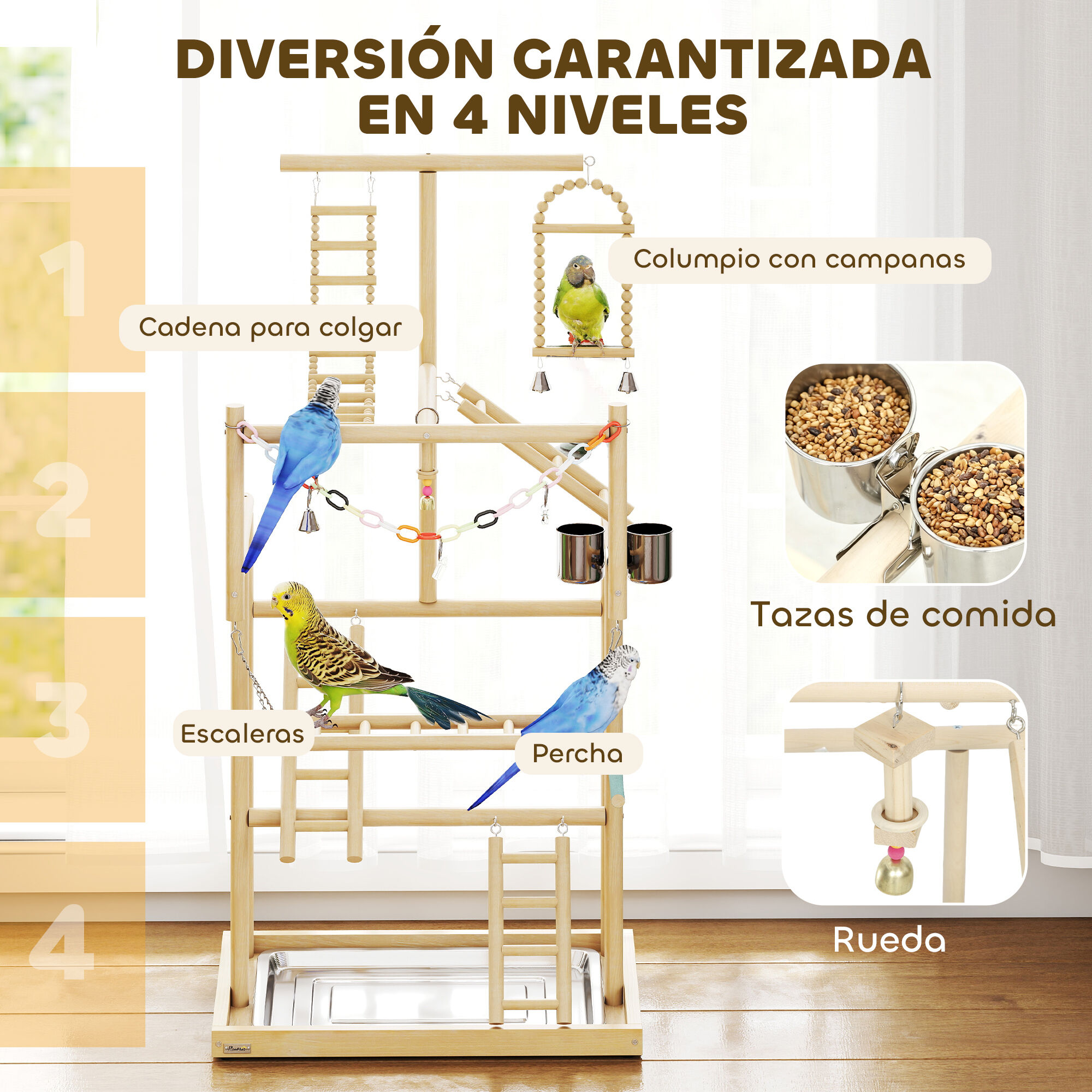 PawHut Parque de Juegos para P&aacute;jaros, Soporte de Madera para P&aacute;jaros con Escaleras, Columpio, Juguete de Cadena, Bandeja, Comederos, para Periquitos, Cacat&uacute;as, Cotorras, Agapornis, 48x38x95 cm, , large Imagen numero 5