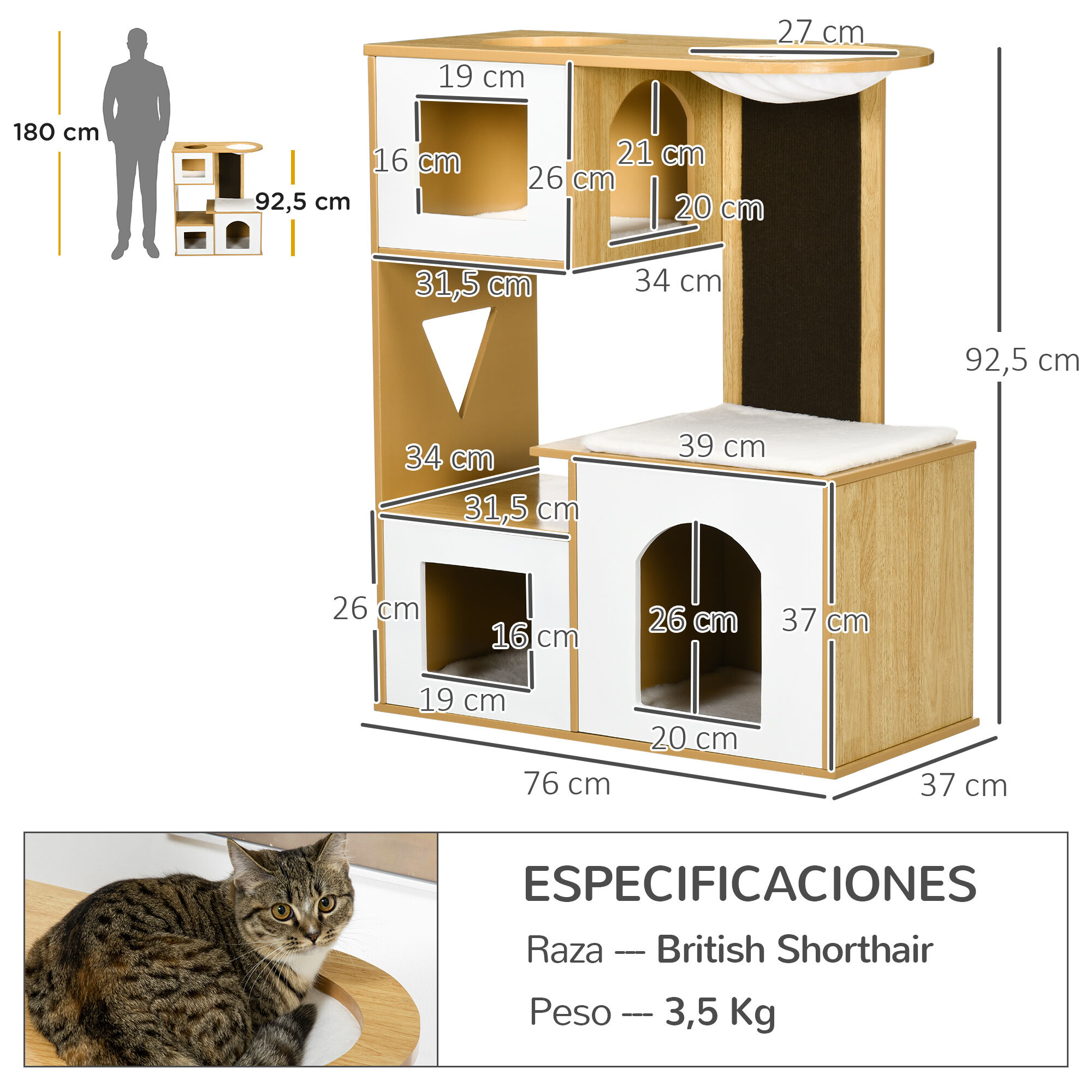 PawHut &Aacute;rbol Rascador para Gatos Altura 92,5 cm Torre para Gatos con 3 Casetas de Madera Cojines Lavables Tabla de Rascador y Hamaca 76x37x92,5 cm Roble., , large Imagen numero 3