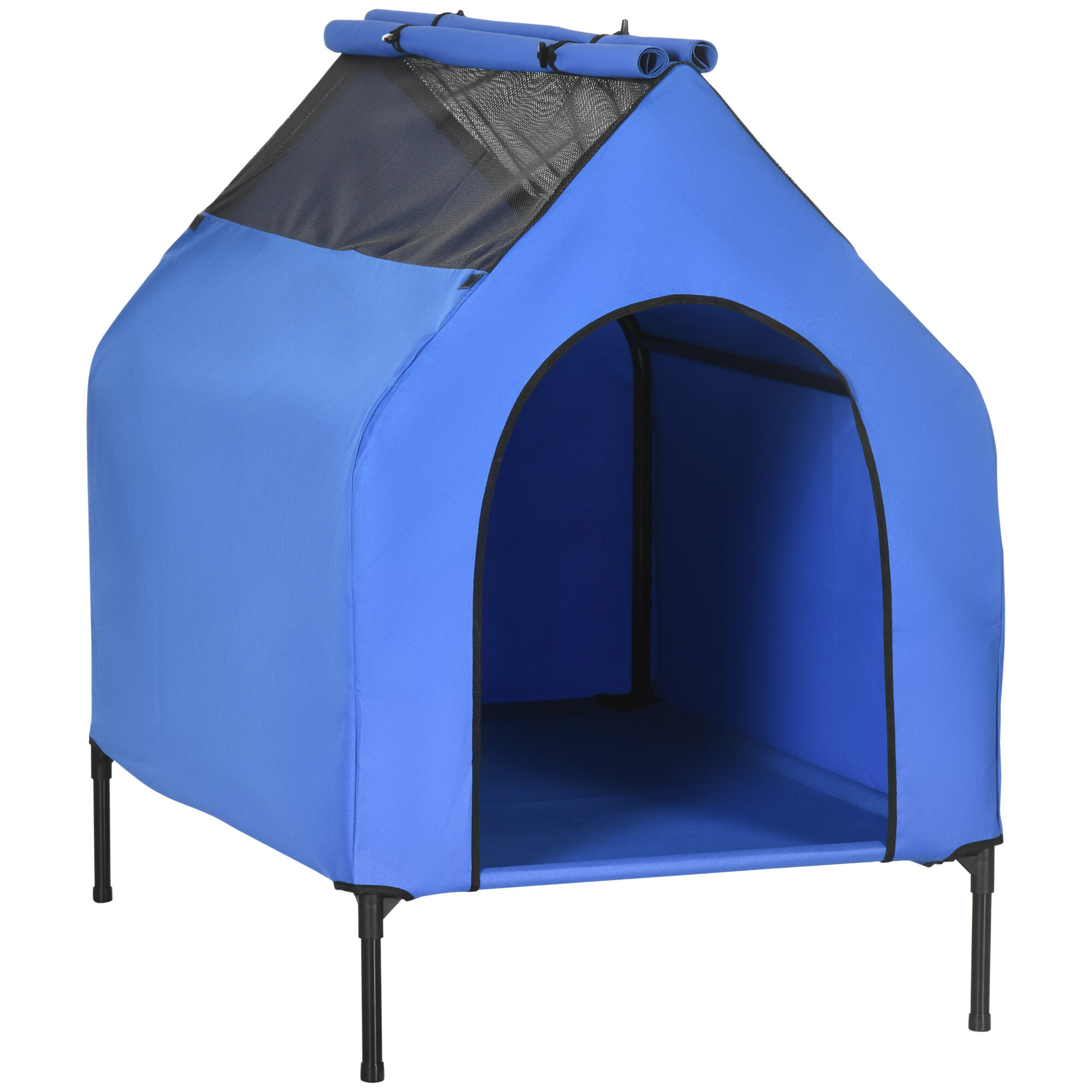 PawHut Caseta para Perros 130x85x121 cm Cama Elevada para Mascotas con Cubierta Desmontable y Ventanas de Malla para Perros Grandes y Extra Grandes Azul., , large Imagen numero 1