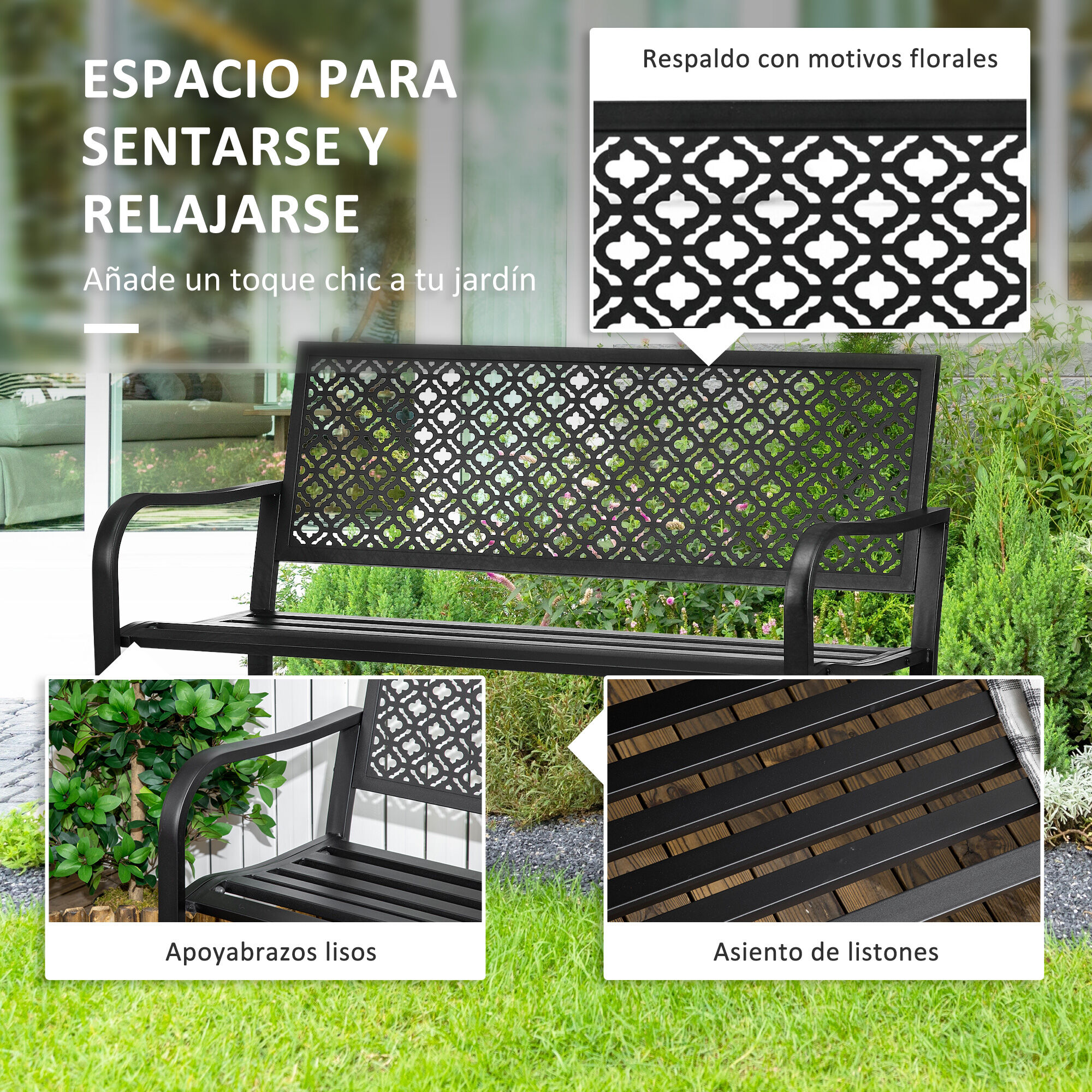 Outsunny Banco de Jard&iacute;n de Acero Banco Exterior de 2 Plazas con Respaldo Decorativo Estampado para Terraza Balc&oacute;n Patio Carga 240 kg 127x63x83 cm Negro, , large Imagen numero 4