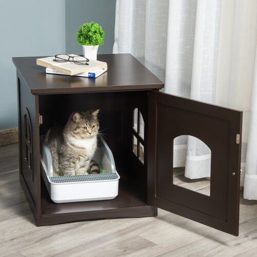 PawHut casa de madera y mueble arenero marr&oacute;n para gatos, , large Imagen numero 2