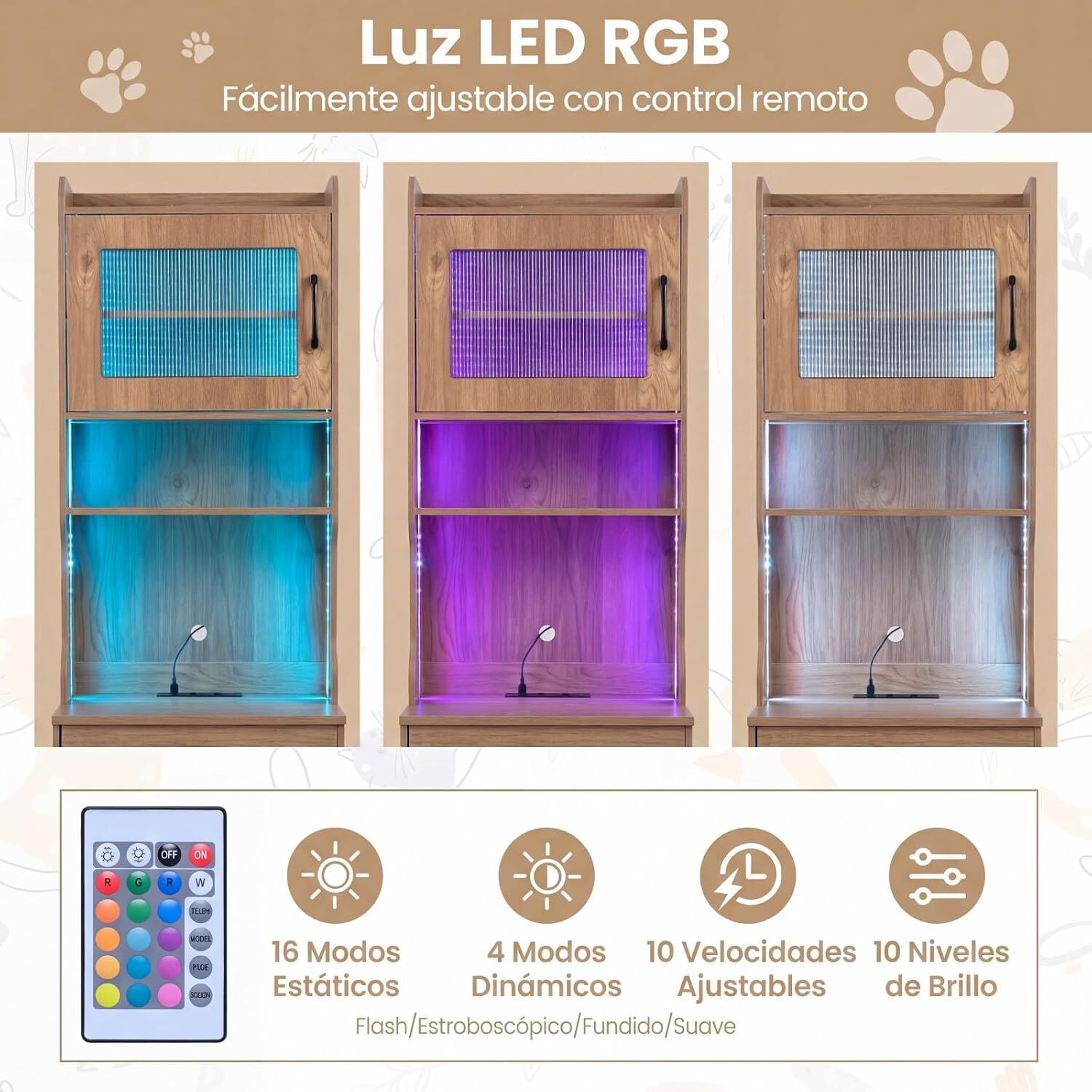 COSTWAY Mueble Arenero Gatos Alto con Luz LED, Armario Arenero para Gatos con Estantes, Estaci&oacute;n de Carga, Caj&oacute;n, 20 Modos de Luz, Control Remoto, Mueble Auxiliar para Gato, 50x45x152cm, Natural, , large Imagen numero 3