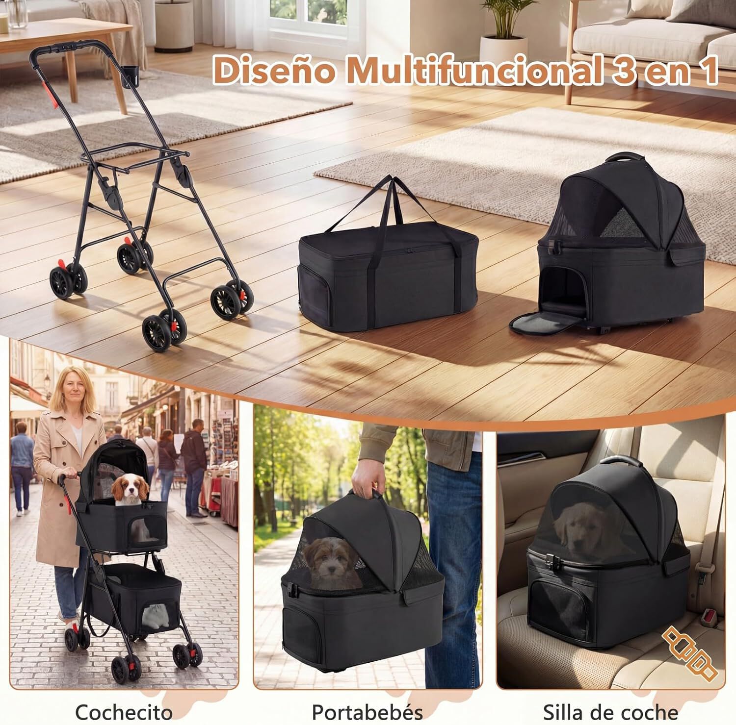 COSTWAY Carrito para Perros Plegable Doble 3 en 1, Cochecito para Perros con 2 Portadores Desmontables, Ruedas con Freno, Malla Transpirable, Portavasos, Carro para Mascotas hasta 15 kg, Negro, , large Imagen numero 3