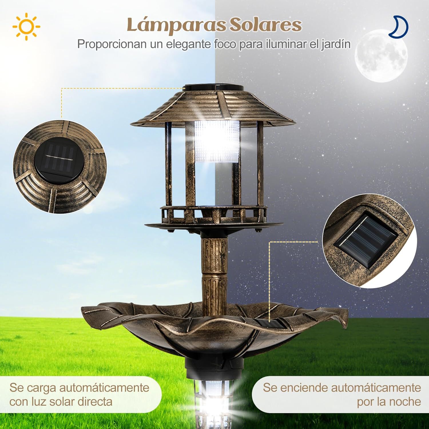 COSTWAY Comedero de Pájaros Exterior con 2 Luces LED Solares y Macetero de Flores en bronce para aves thumbnail