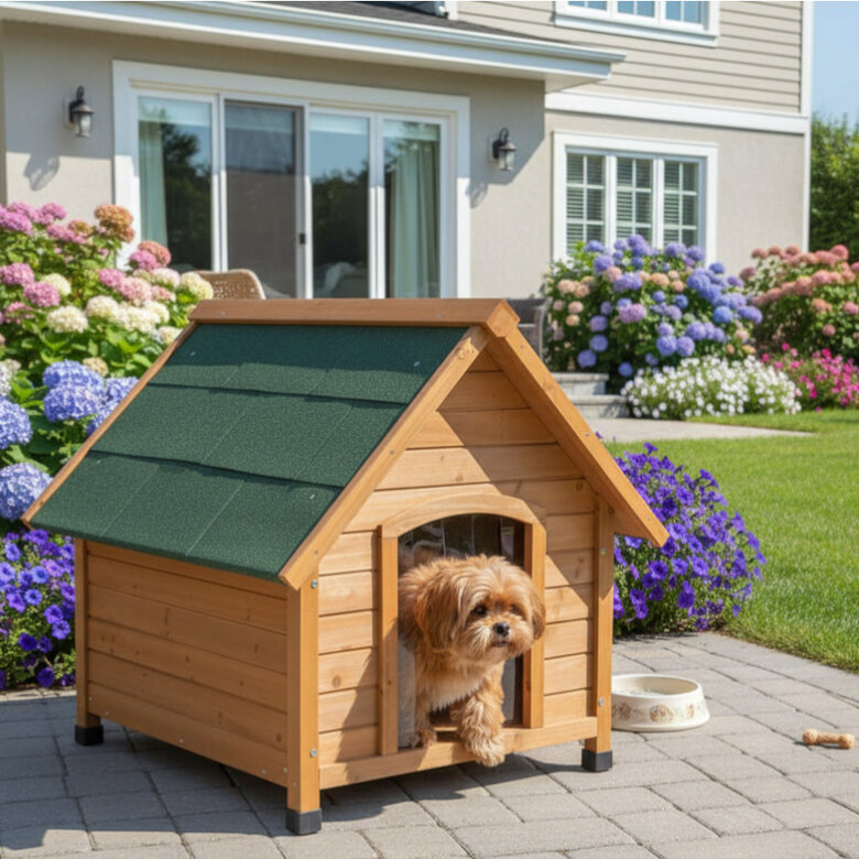 Caseta para perros TK-Pet Woof con techo a dos aguas y puerta