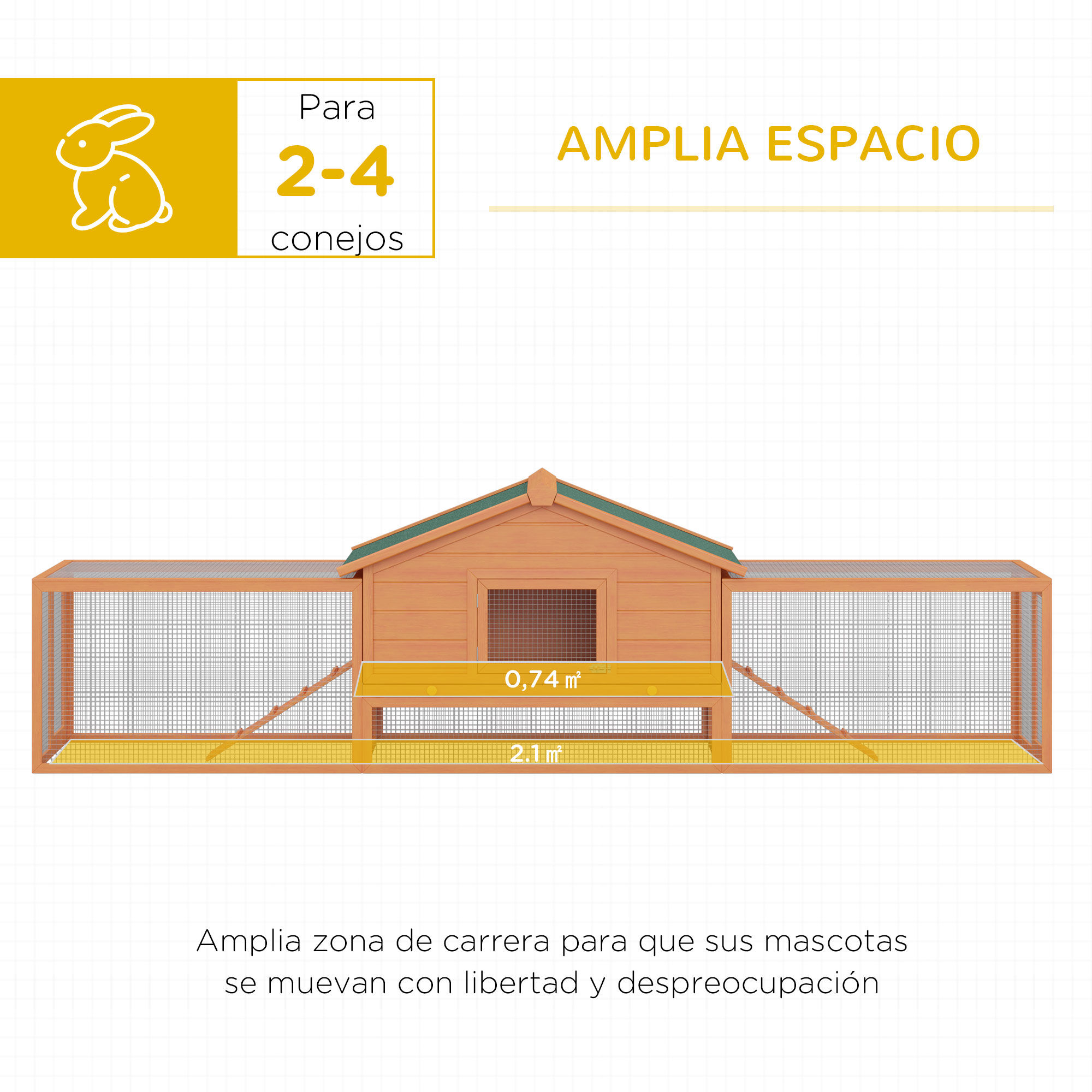 PawHut Conejera de Madera 309x79x86 cm Conejera Exterior Grande para 2-4 Conejos con 2 Corrales Bandeja Extra&iacute;ble Techo Asf&aacute;ltico 2 Rampas Natural, , large Imagen numero 4