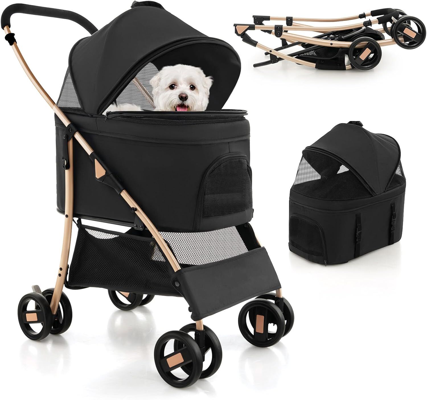 COSTWAY 3 en 1 Cochecito para Mascotas Plegable, Cochecito de Mascotas con Toldo Ajustable de 4 Niveles y Cesta de Almacenamiento, Carrito para Gatos con Porta Asiento de Coche Extra&iacute;ble (negro), , large Imagen numero 1