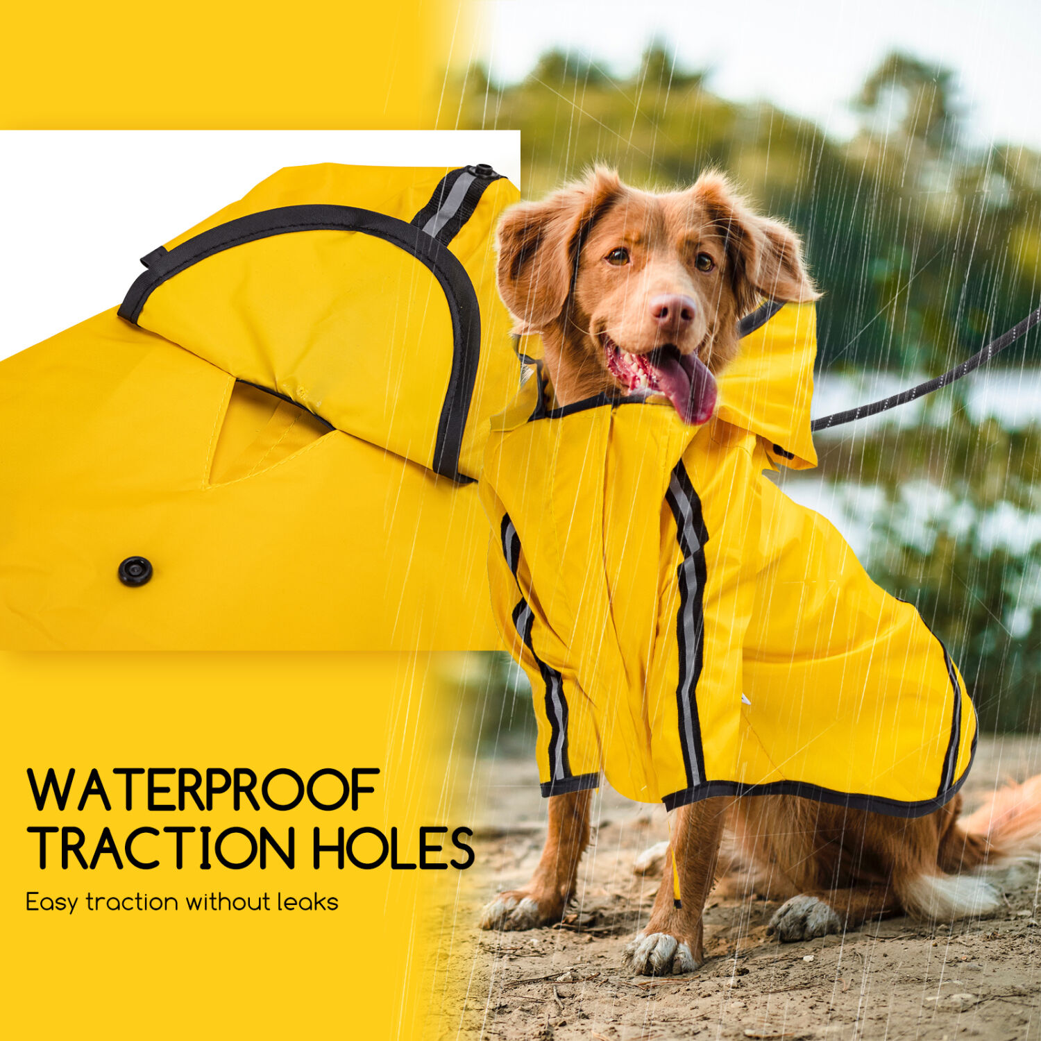 Nobleza - Chubasquero Impermeable para Perros con Capucha y Tiras Reflectantes Seguras, en color Amarillo, Talla L, , large Imagen numero 3