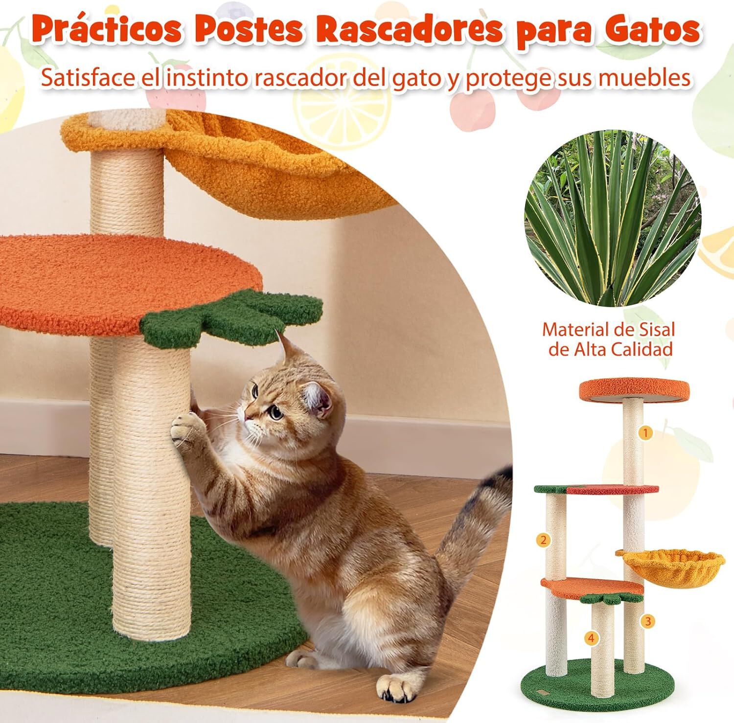 COSTWAY Árbol Rascador para Gatos, Rascador para Gatos de Estilo Fruta, Múltiples Niveles con Perchero Acolchado, Cesta Rotatable, Postes de Rascado de Sisal, Centro de Actividades para Gatos thumbnail
