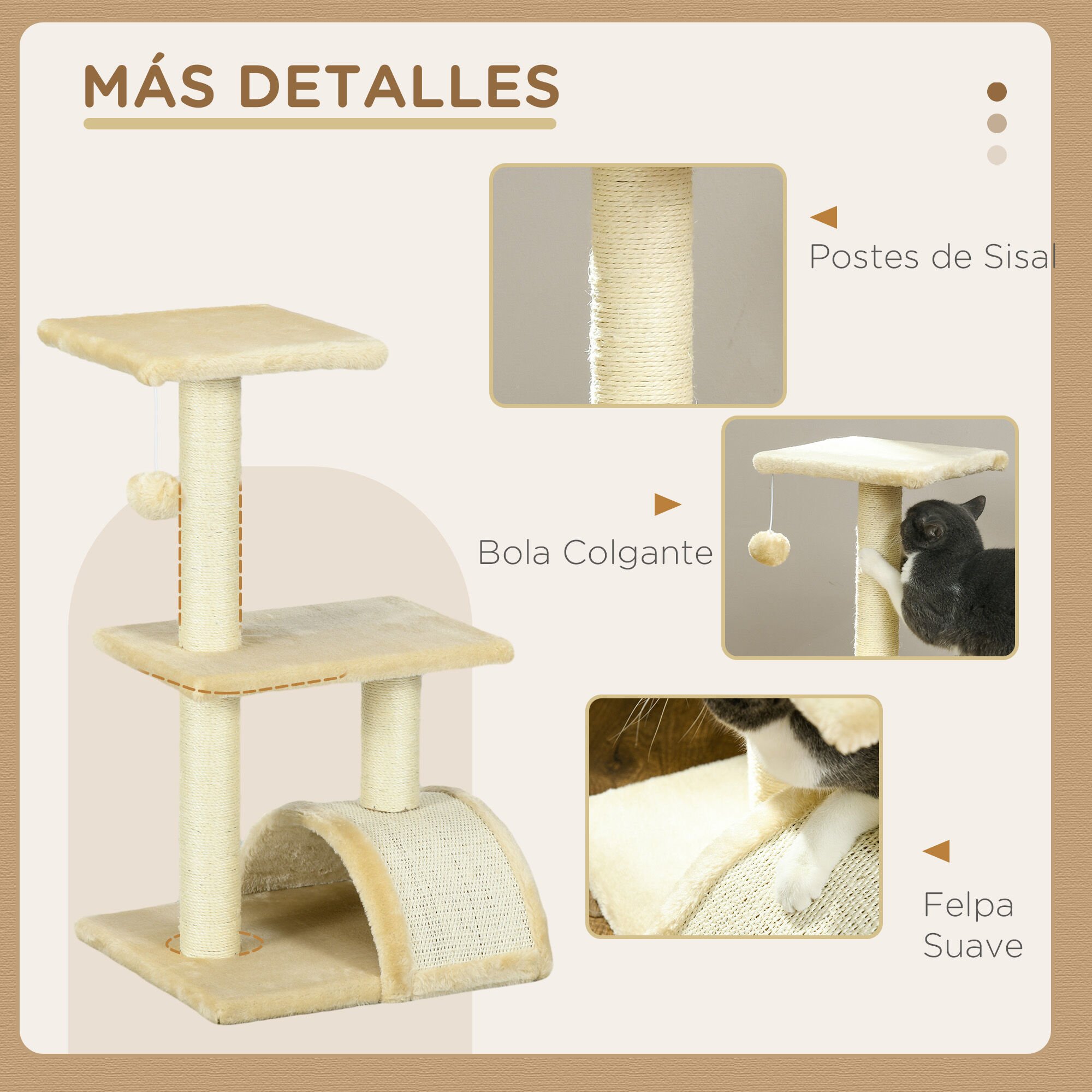 PawHut &Aacute;rbol Rascador para Gatos Mediano &Aacute;rbol para Gatos de 3 Niveles Torre para Gatos con Postes de Sisal Tablero para Rascar y Bola Colgante Crema, , large Imagen numero 5
