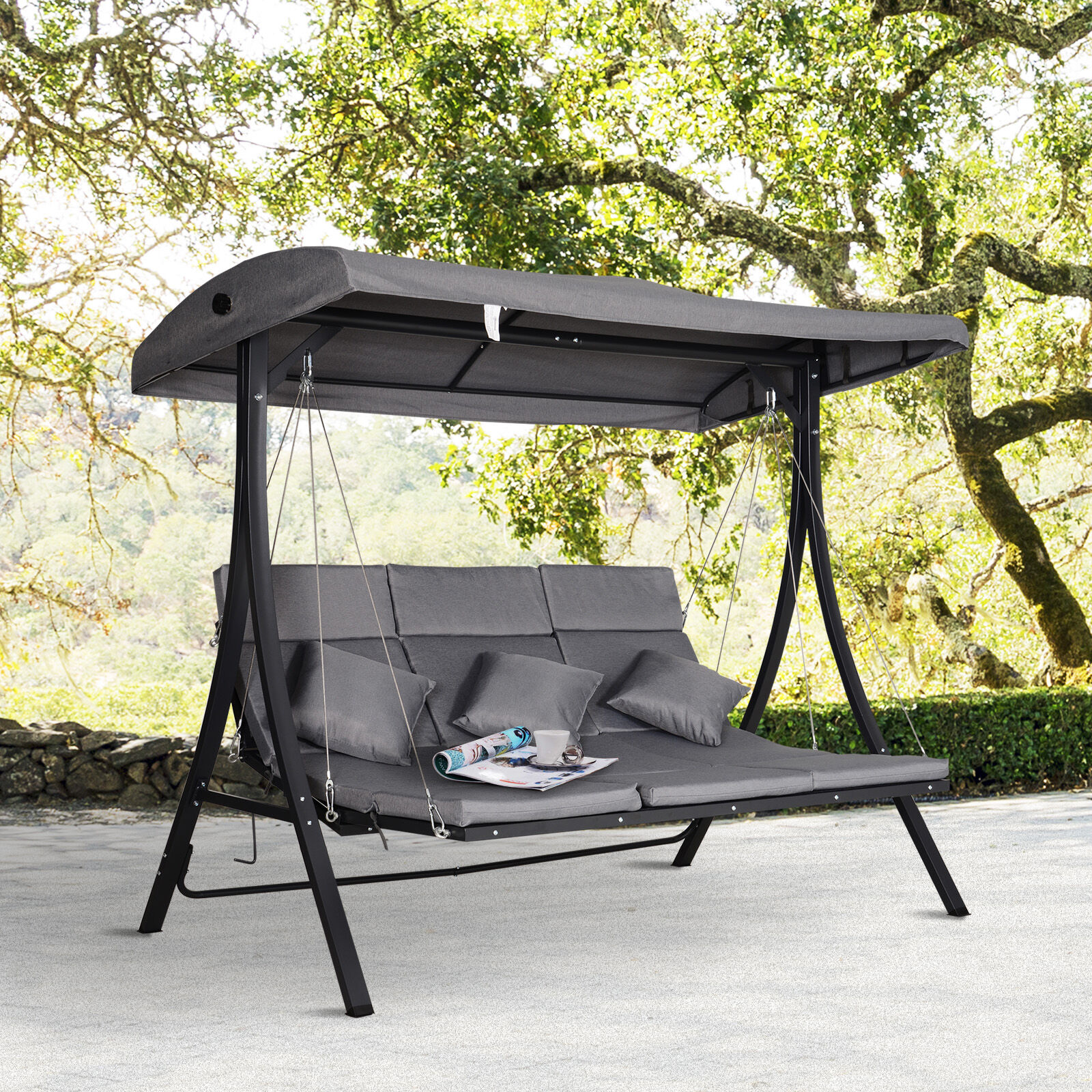 Outsunny Balanc&iacute;n con Toldo Ajustable de 3 Plazas Columpio de Jard&iacute;n con Dosel Cojines para Exterior Terraza Patio Carga 270 kg 200x115x168 cm Gris, , large Imagen numero 2