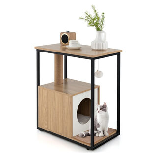 COSTWAY Mesa Auxiliar con Casa y Tapete Rascador Extraíble para gatos