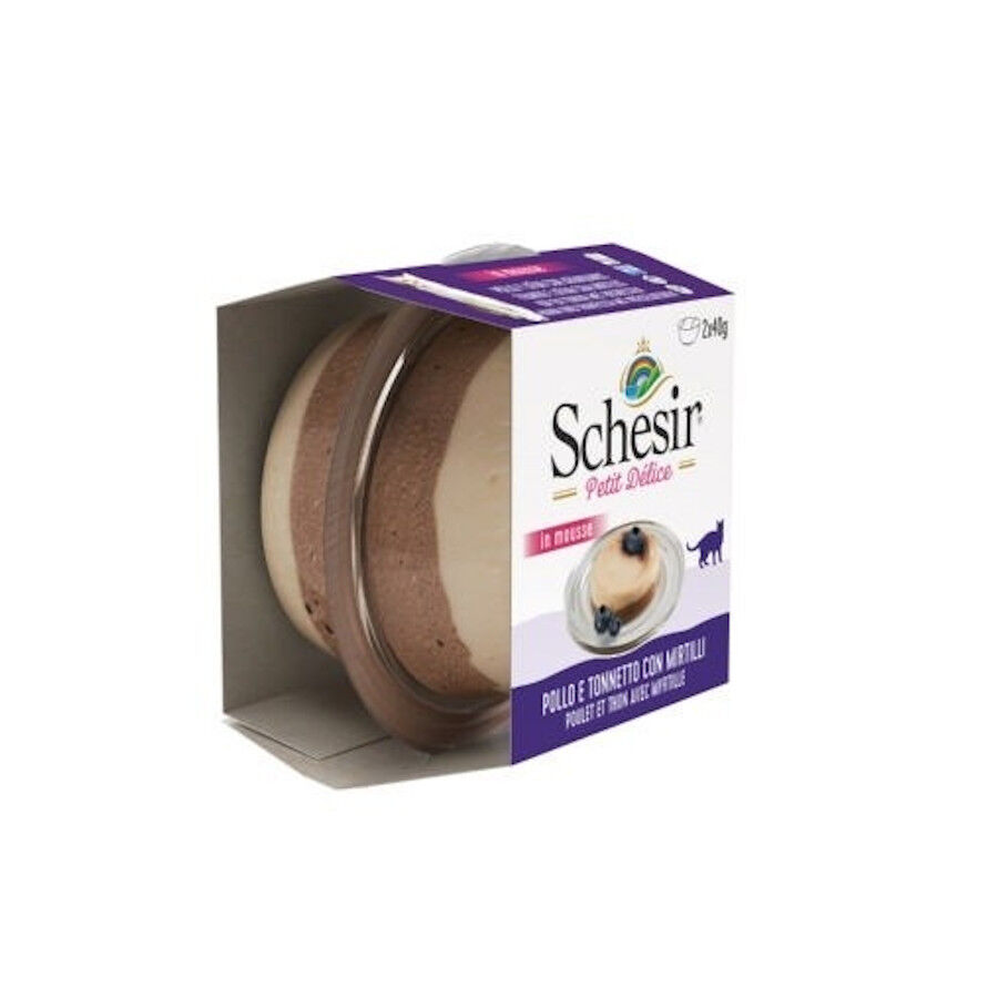 2 sobres x 40 g Schesir Petit D&eacute;lice Mousse de Pollo con At&uacute;n y Ar&aacute;ndanos tarrina para gatos, , large Imagen numero 2