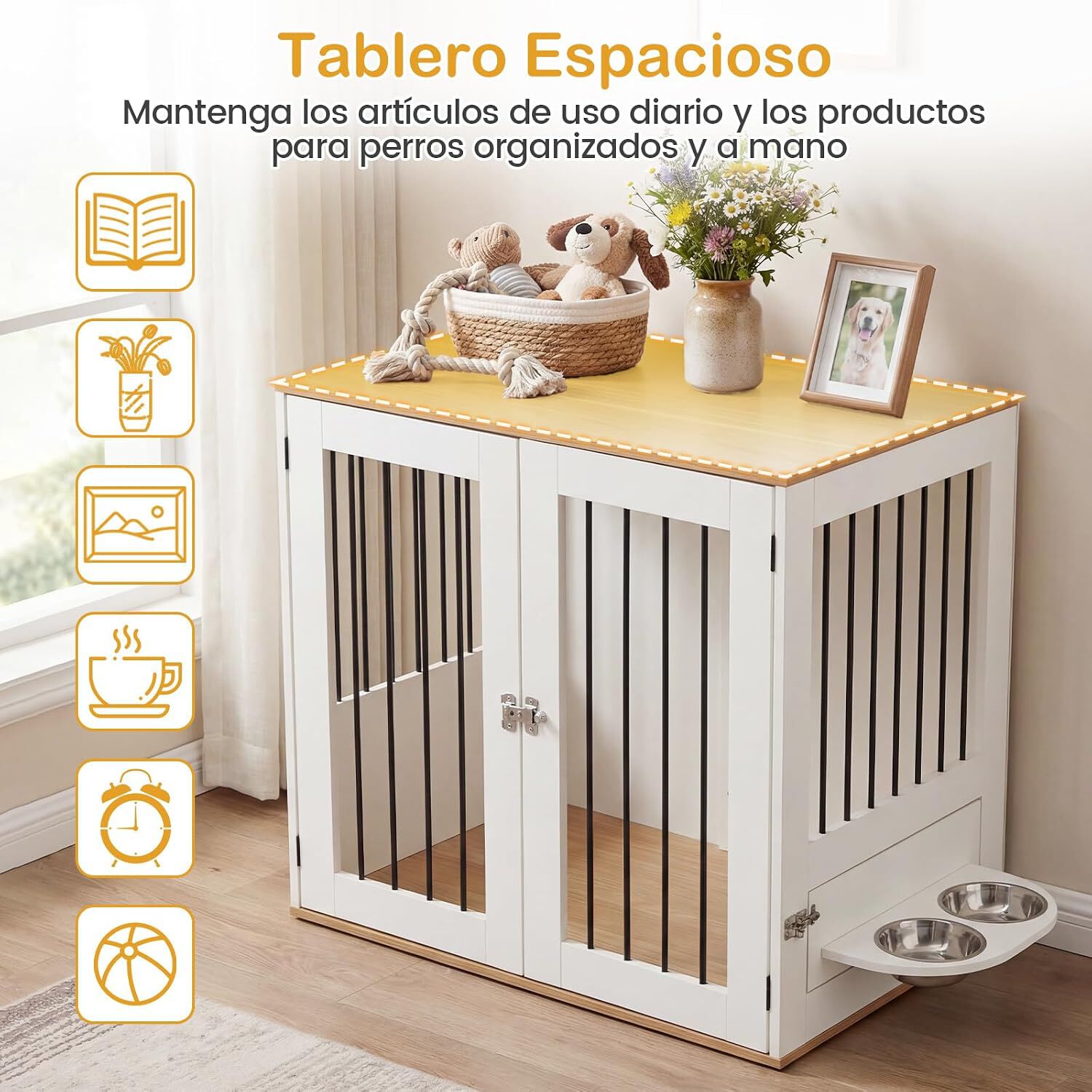 COSTWAY Jaula para Perros, Mueble de Jaula para Perros con Comedero Giratorio 360&deg;, Puertas de Doble Cerradura, Cuencos, Mesa Auxiliar Caseta para Mascotas Peque&ntilde;as y Medianas, 80 x 55,5 x 71,5 cm, , large Imagen numero 3