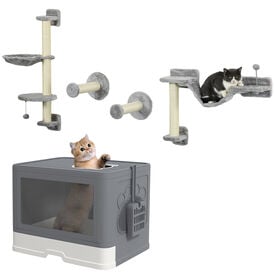 PawHut Conjunto para Mascotas Incluye 1 Estante de Escalada para Gatos de Pared de 4 Piezas y 1 Arenero para Gatos con Cubierto Pala Cepillo 2 Puertas Gris