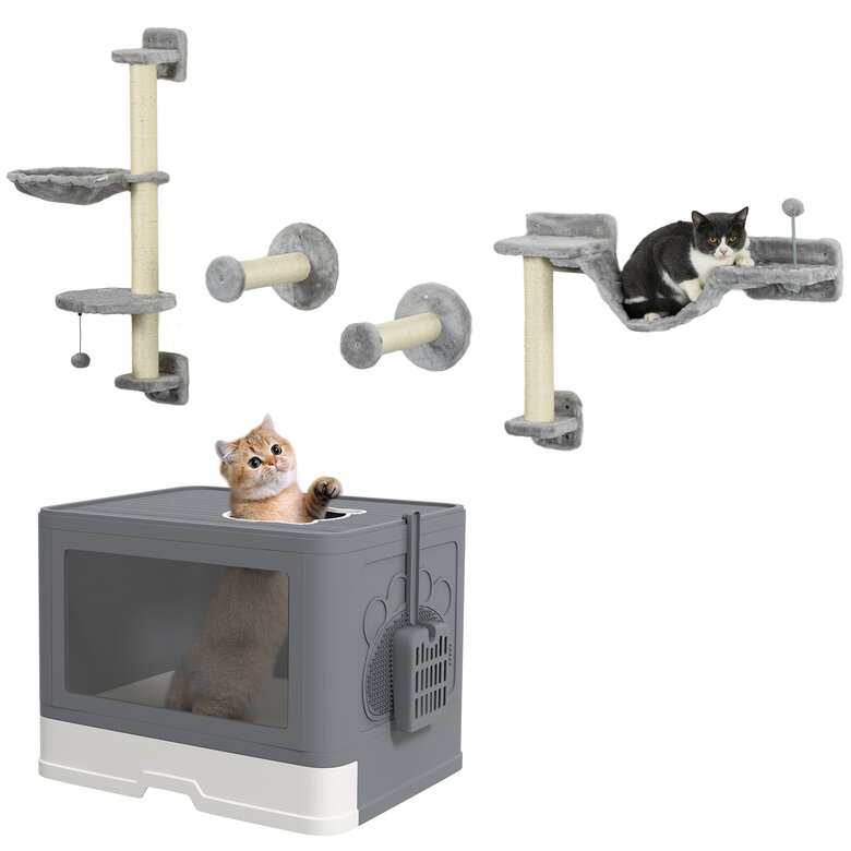 PawHut Conjunto para Mascotas Incluye 1 Estante de Escalada para Gatos de Pared de 4 Piezas y 1 Arenero para Gatos con Cubierto Pala Cepillo 2 Puertas Gris