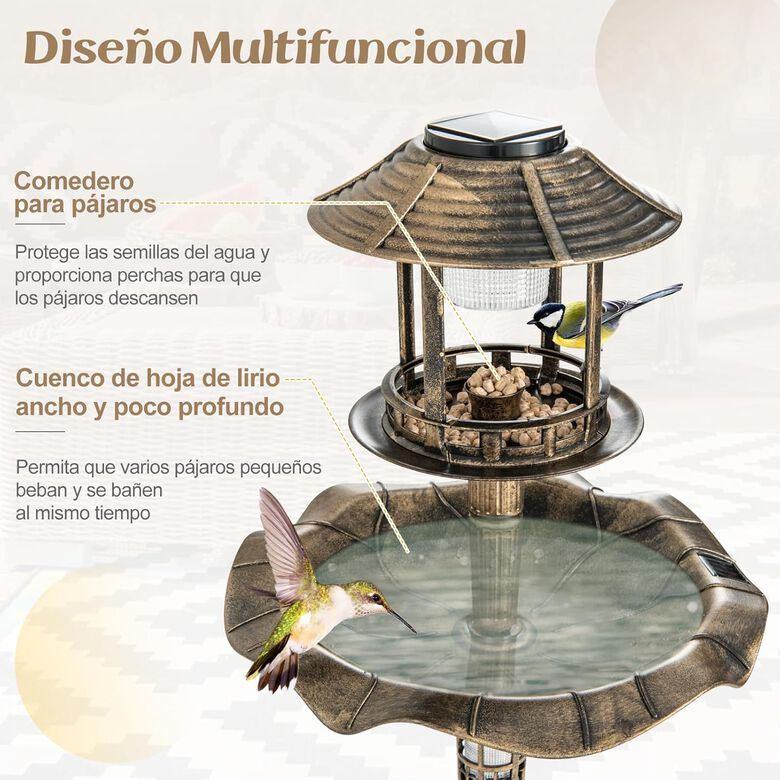 COSTWAY Comedero de Pájaros Exterior con 2 Luces LED Solares y Macetero de Flores en bronce para aves thumbnail