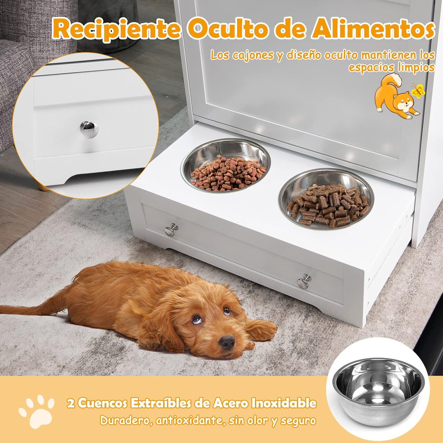COSTWAY Estaci&oacute;n de Alimentaci&oacute;n Casita para Mascotas con Cuenco de Acero Inoxidable, Gancho para Colgar, Dispositivo Antivuelco, 61 x 35,5 x 82,5 cm, Gabinete de Almacenamiento para Mascotas, , large Imagen numero 4
