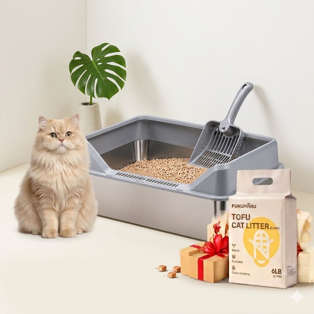 FreshPaw Arenero Grande de Acero Inoxidable para Gatos 70 &times; 50 &times; 29,5 cm, Entrada por el Lado Corto, Bandeja Higi&eacute;nica Antisalpicaduras para Gatos Grandes, con Pala y Arena de Tofu FUKUMARU 2,7 kg de Regalo, , large Imagen numero 3
