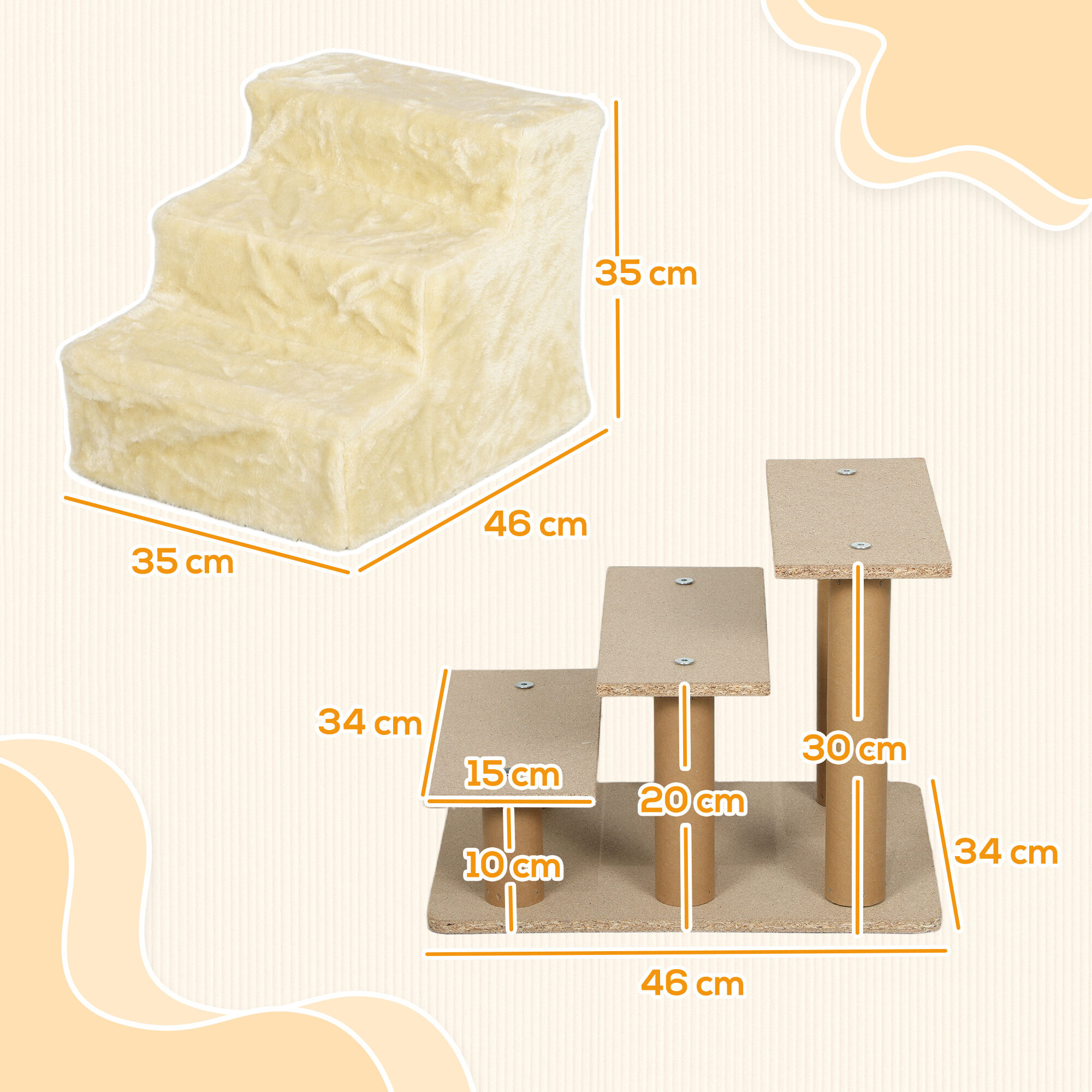 PawHut Escalera para Perros de 3 Pelda&ntilde;os, Escalera para Mascotas con Funda Extra&iacute;ble y Lavable, Rampa para Perros y Gatos para Cama, Sof&aacute;, 46x35x35 cm, Beige, , large Imagen numero 3