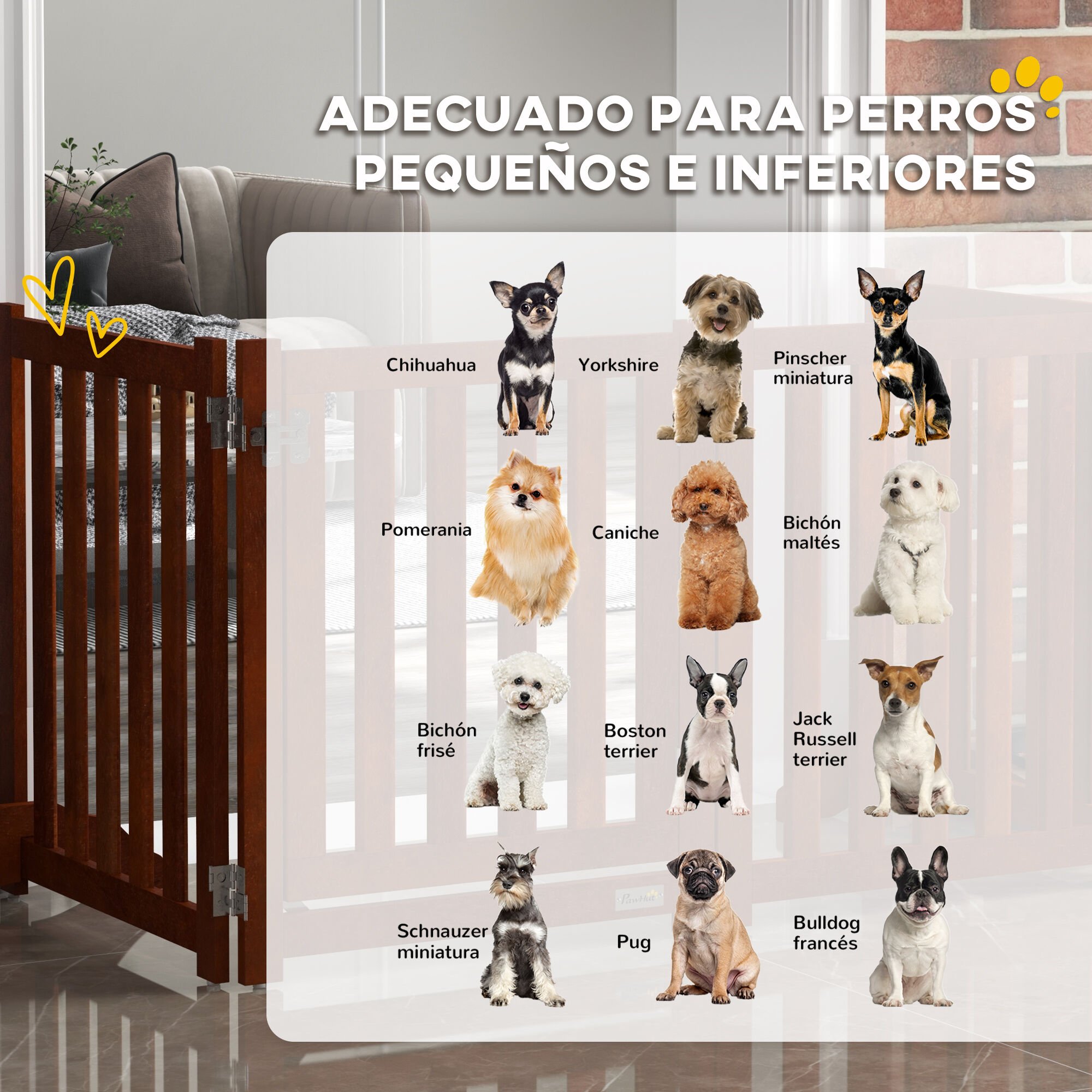 PawHut Barrera de Seguridad para Perros Plegable para Escaleras y Puertas Valla para Perros Pequeños de 4 Paneles con Soporte de Pie para Interiores 205x30x60 cm Marrón thumbnail