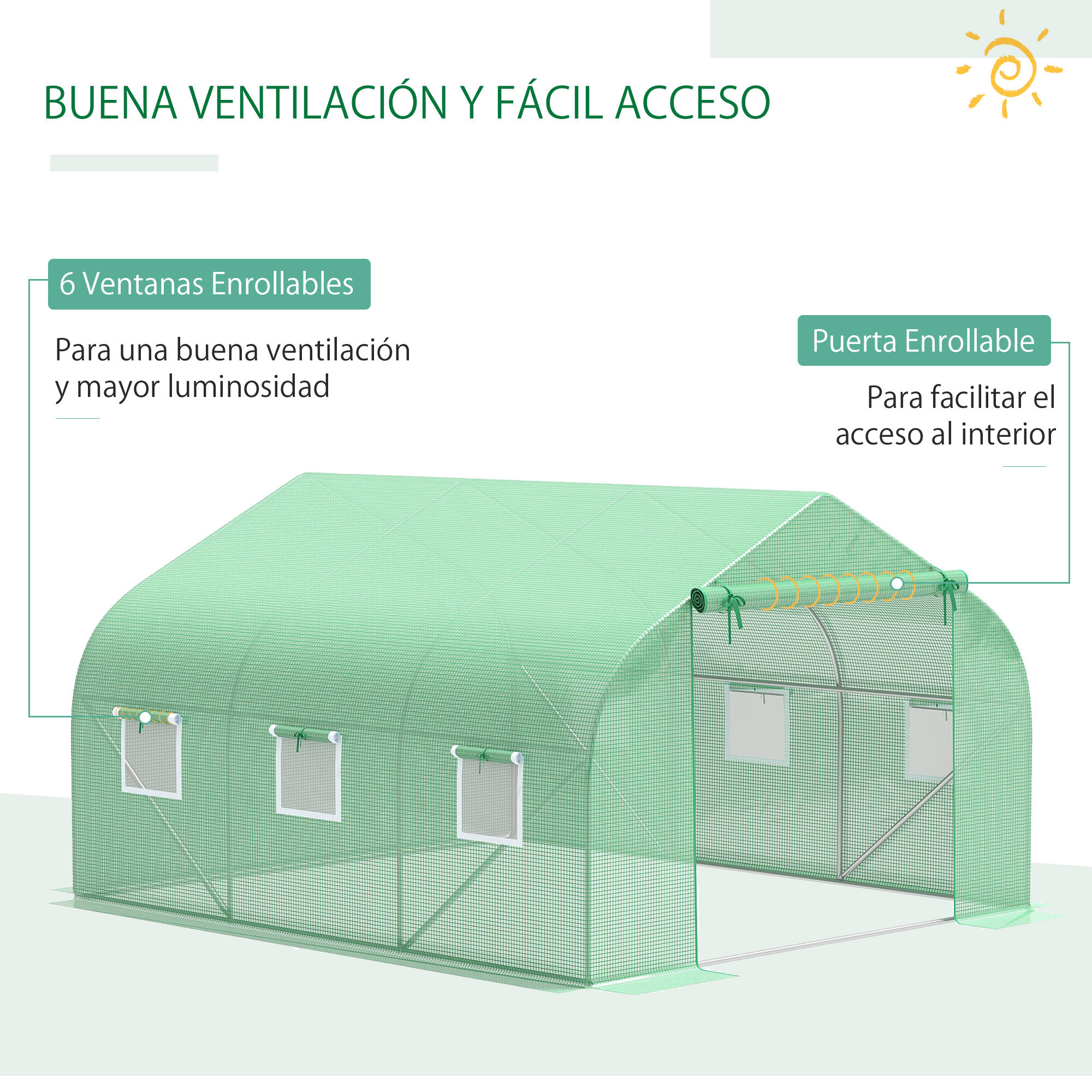 Outsunny Cubierta de Invernadero de T&uacute;nel 3,5x3x2 m Cubierta Repuesto Invernadero Polietileno con 6 Ventanas y Puerta Enrollable Protecci&oacute;n de Plantas para Jard&iacute;n Verde, , large Imagen numero 5