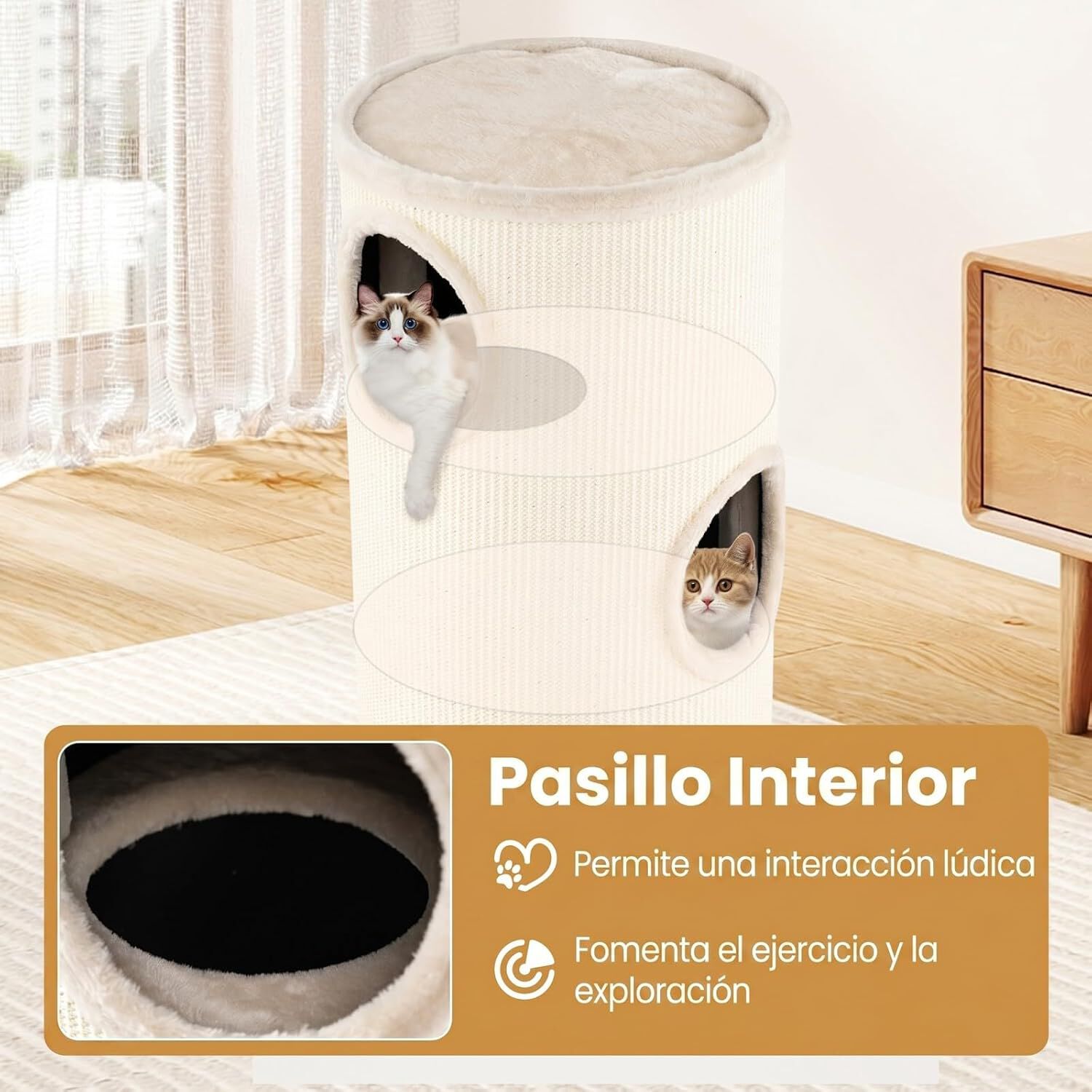 COSTWAY 70 cm Barril Rascador para Gatos de 4 Niveles, Torre Gato Rascador con Almohadilla para Rascar de Sisal, Cama Acolchada, Condominio para Gato Forma Barril, Beige, , large Imagen numero 5