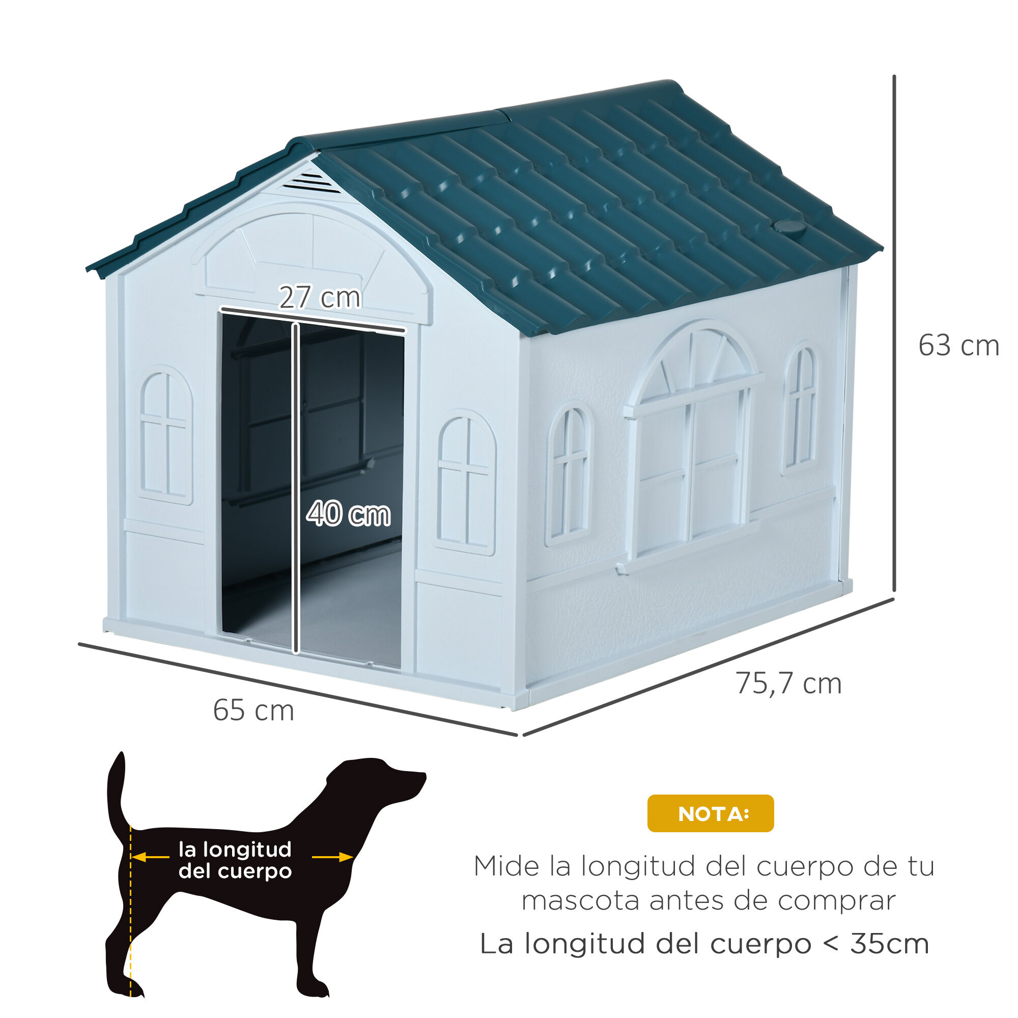 PawHut Caseta para Perros Medianos 65x75,7x63 cm, Casa para Perros con Patrón de Ventana, Techo de Tejas de Imitación, para Interior y Exterior, Azul Verdoso y Blanco thumbnail