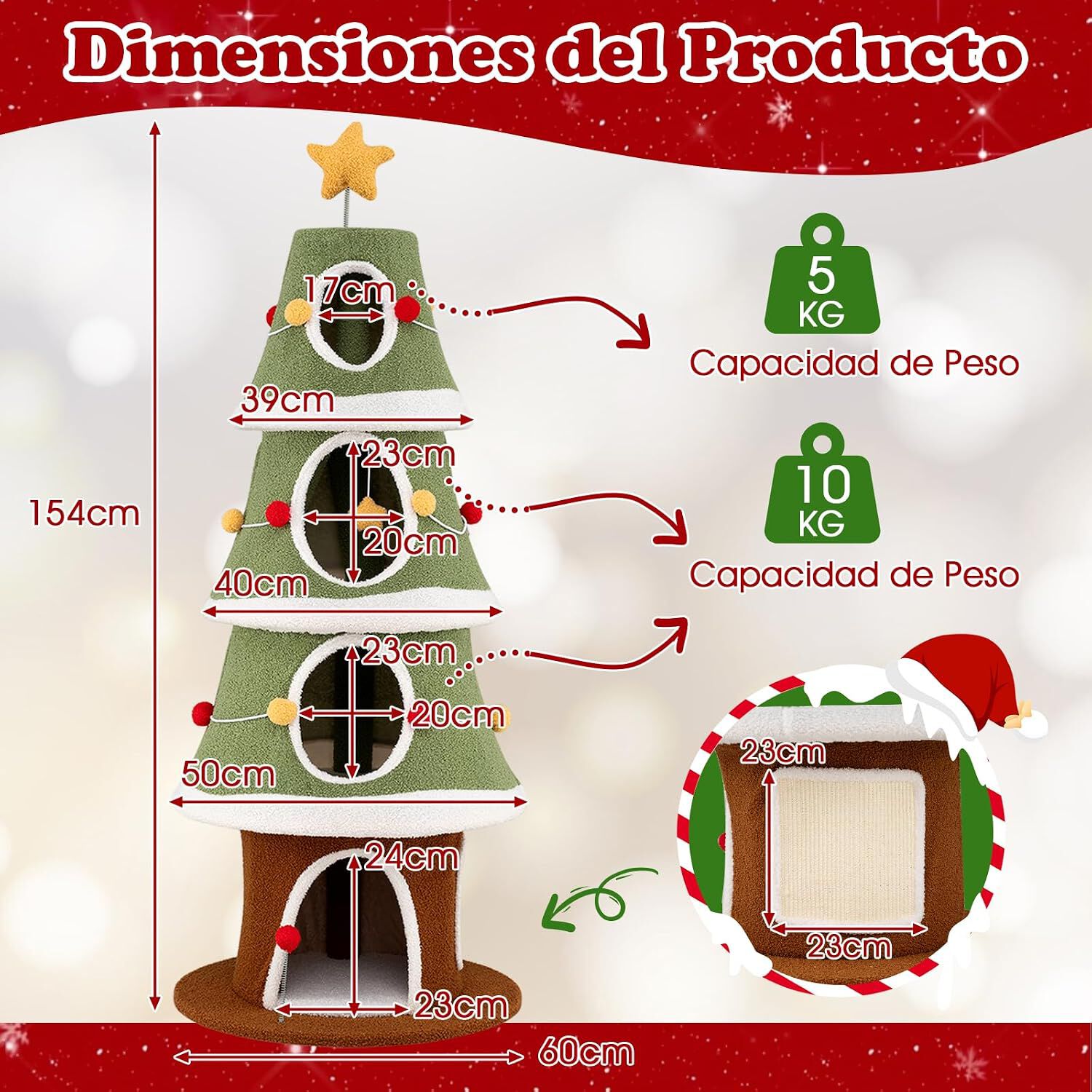 COSTWAY &Aacute;rbol de Navidad para Gatos, 154 cm Torre Gatos Navide&ntilde;o con 4 Condominios, Alfombra de Sisal, Bola Colgante, Estrella, Rascador Gato en Forma de &Aacute;rbol de Navidad, Decoraci&oacute;n Navide&ntilde;a, , large Imagen numero 5
