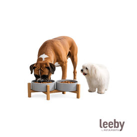 Leeby Comedero Doble de Cer&aacute;mica con Soporte de Madera para perros