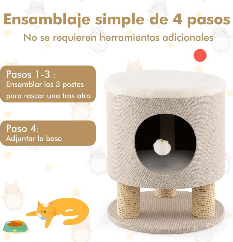 COSTWAY Taburete 3 en 1 con Condominio y Poste Rascador en Beige para gatos thumbnail