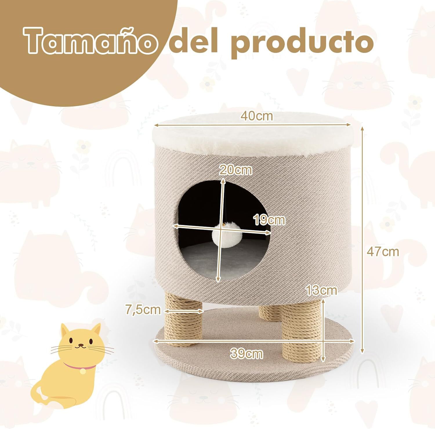 COSTWAY Taburete 3 en 1 con Condominio y Poste Rascador en Beige para gatos thumbnail