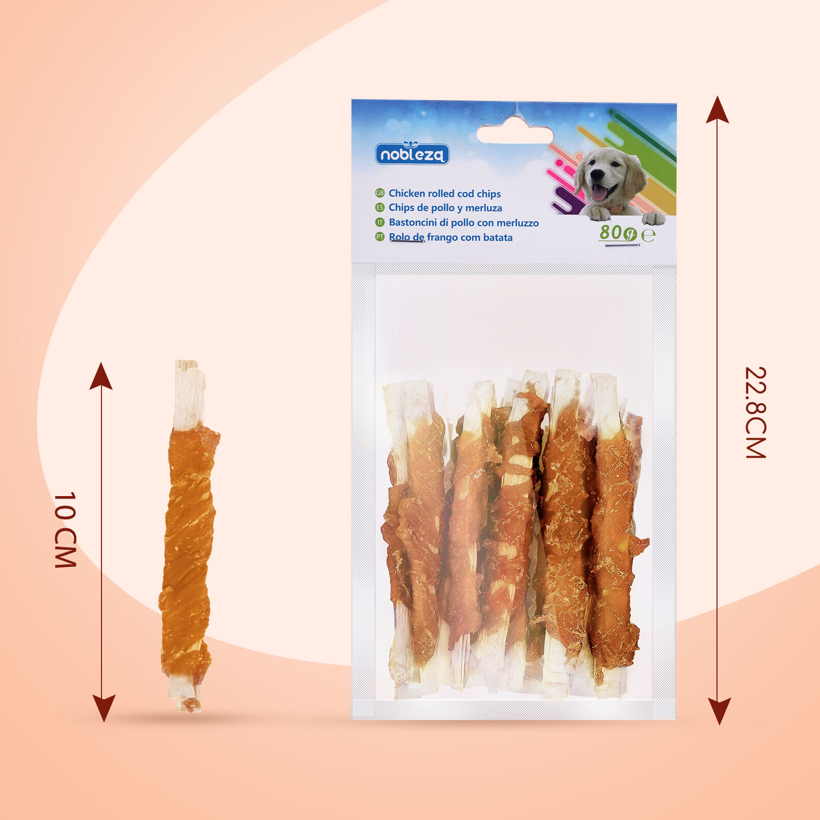 Nobleza - Snacks para Perros - Chips de Bacalao Enrollados con Pollo - Chuches Natural para Perros - Golosinas para perro - Premios y Recompensas para perros - L10 cm, 6 bolsas x 80 gr, , large Imagen numero 2