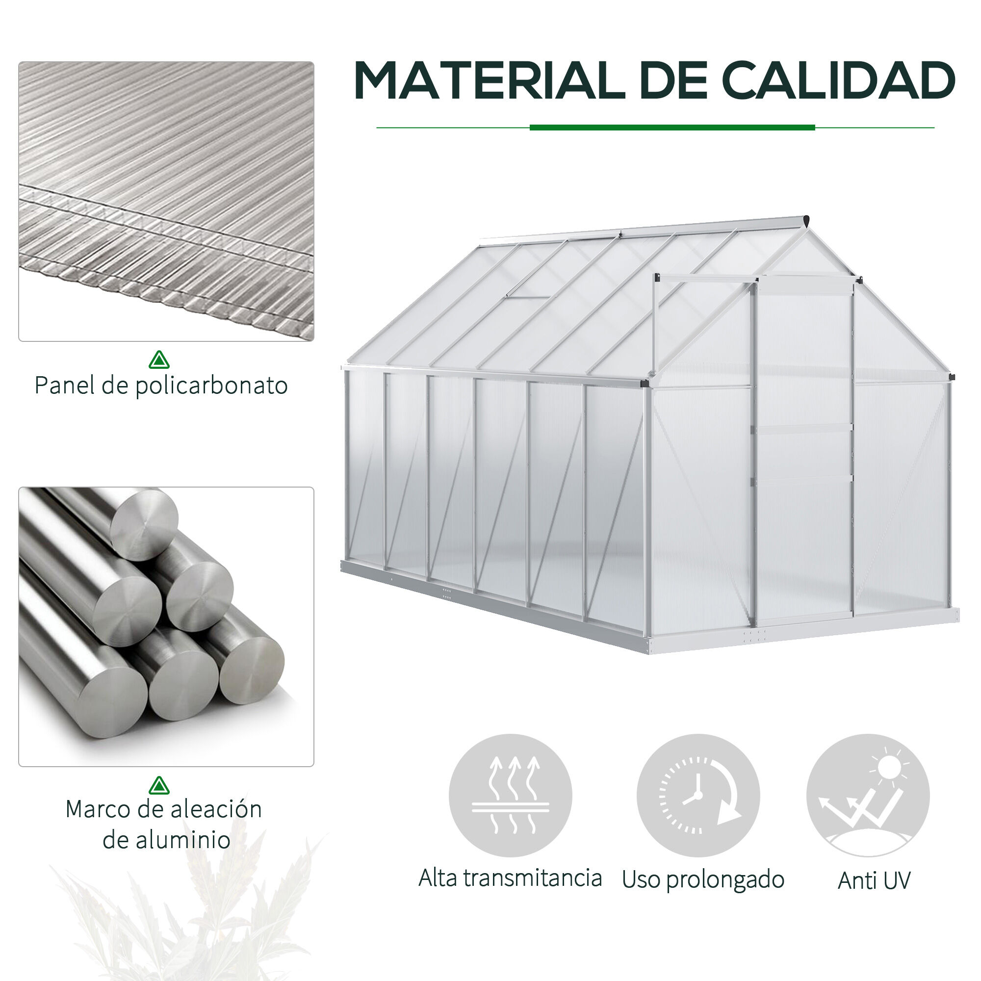 Outsunny Invernadero Policarbonato Aluminio de Jard&iacute;n 190x375x199 cm 7,1m&sup2; Caseta de Exterior con Base Puerta Corredera y 2 Tragaluces para Cultivo Plantas Semillas Transparente, , large Imagen numero 4