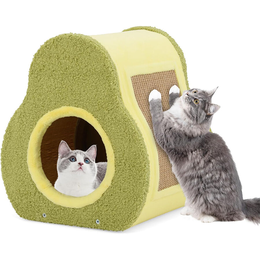 COSTWAY Casa para Gatos, Cama Gato en Forma de Aguacate Adorable con Tablero de Jute para Rascar, Agujero Redondo para Gatos, Condominio Compacto para Gatos de Interior, 35 x 33 x 40 cm