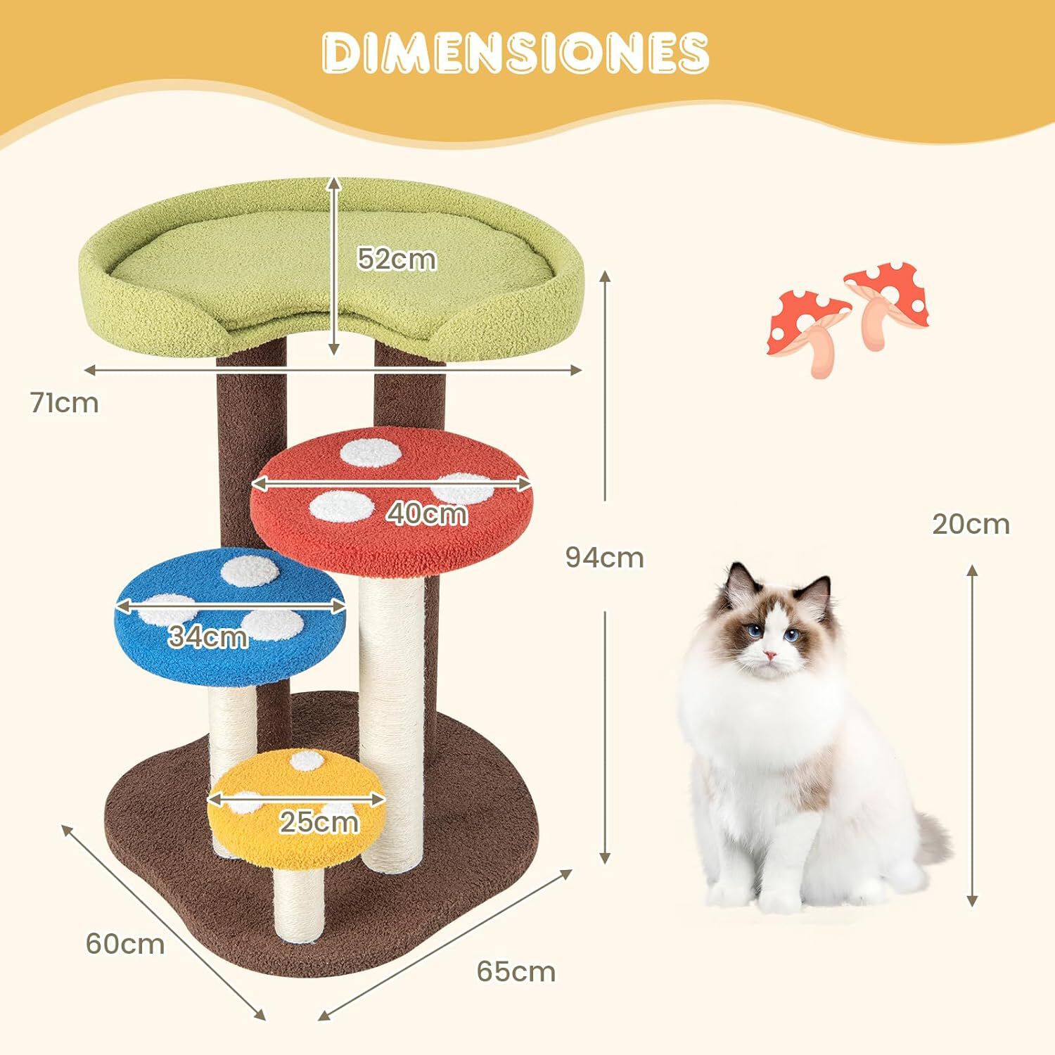 COSTWAY 3 en 1 &Aacute;rbol para Gatos en Forma de Hongo, Torre para Gatos de 5 Niveles con 3 Postes de Sisal Completamente Envueltos, Tapete y Plataformas Extra&iacute;bles (65 x 60 x 94), , large Imagen numero 5
