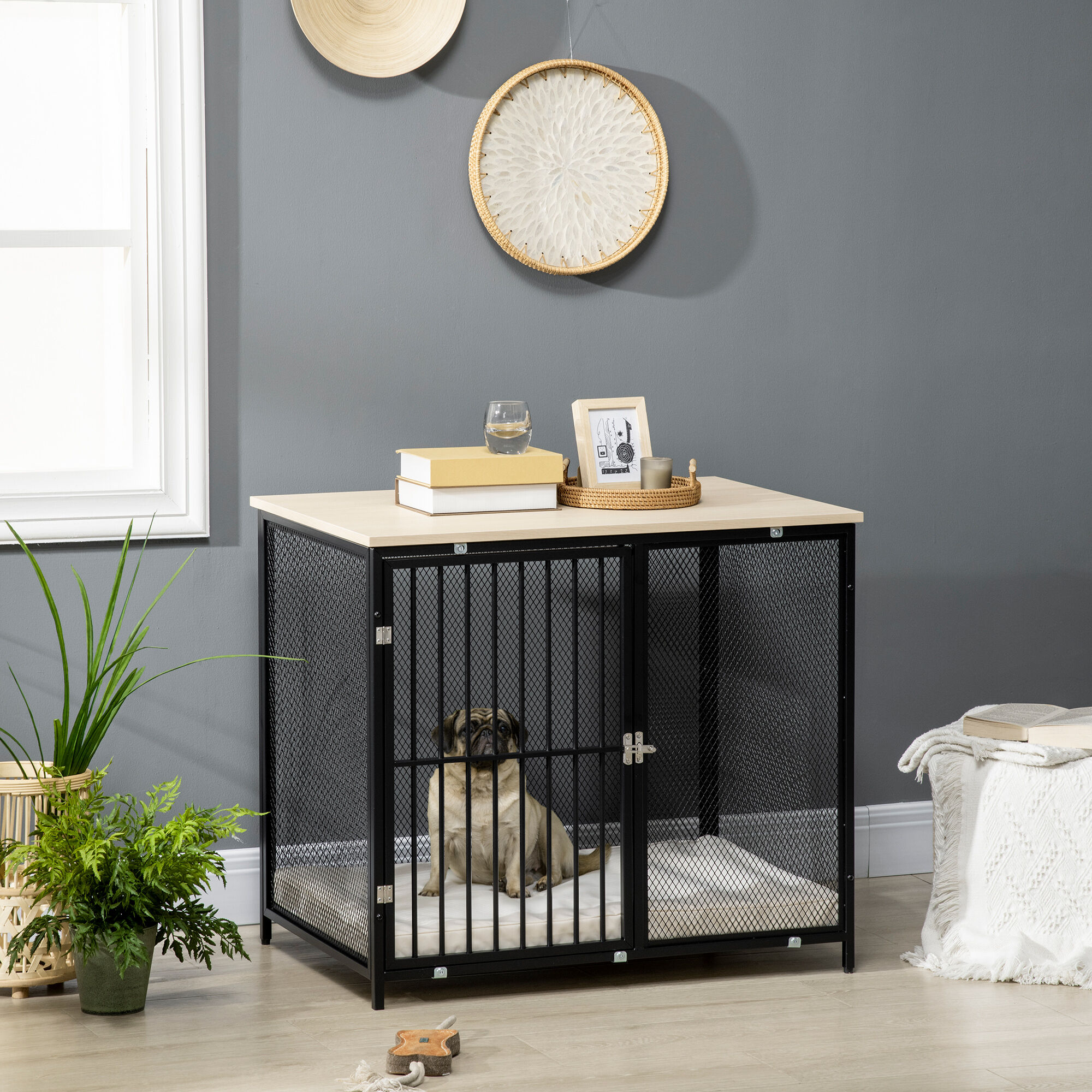 PawHut Jaula para Perros con Encimera lavable roble y negro, , large Imagen numero 2