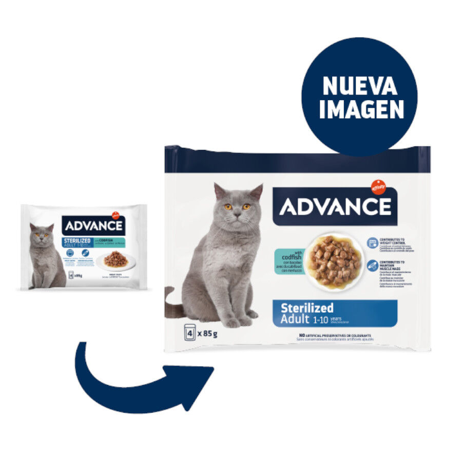 4 sobres x 85 g Advance Sterilized Adult Bacalao sobres para gatos &iexcl;Pack ahorro!, , large Imagen numero 2