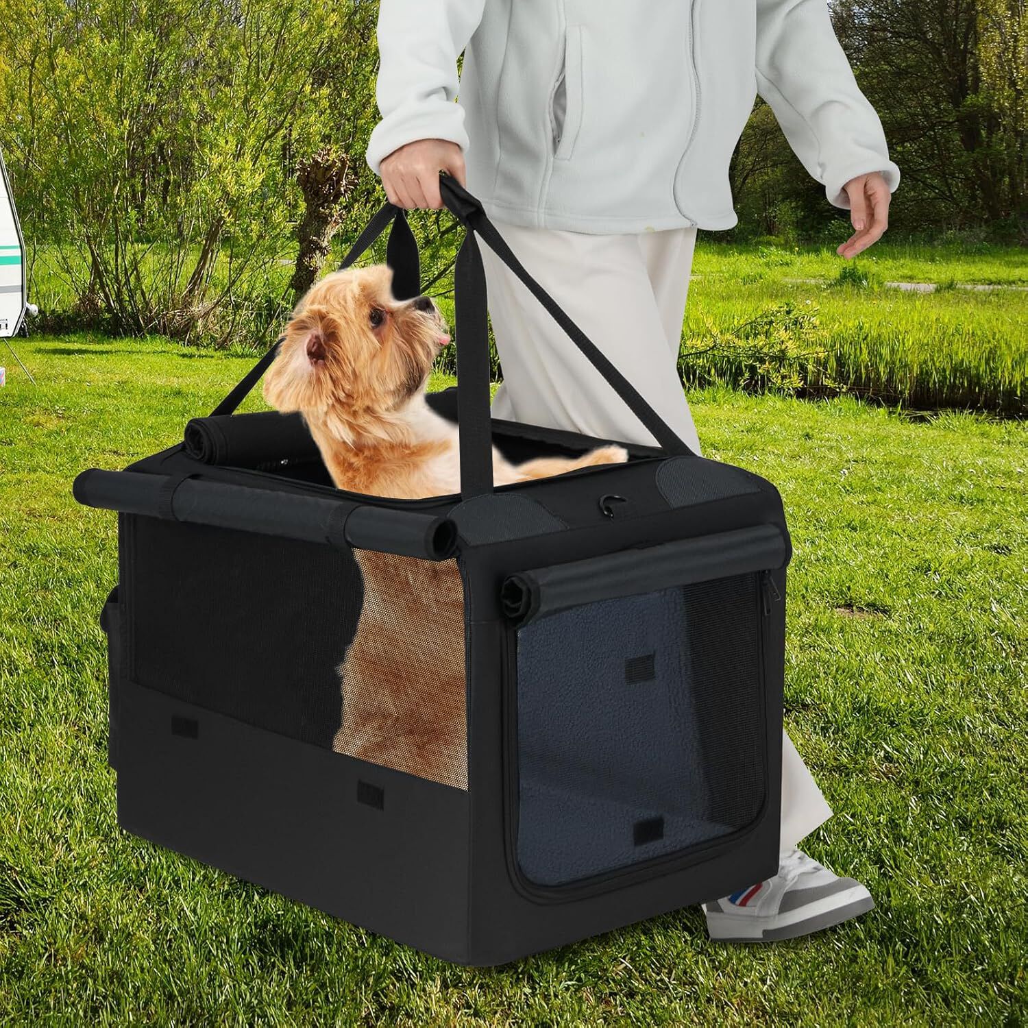 COSTWAY Transportín para Perros, Bolsa Transportin Portátil y Plegable para Mascotas con 2 Aberturas y Ventana, Cesta Interior de Malla, Bolsillos Laterales para Interior Exterior (80 x 65 x 42 cm) thumbnail