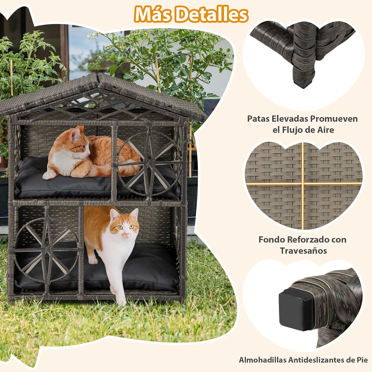 COSTWAY Casa para Gatos de Exterior con Rat&aacute;n PE, Condominio Elevado de 2 Niveles con 2 Cojines Extra&iacute;bles y Ventanas, Refugio para Mascotas con Techo Inclinado, 69 x 40,5 x 70 cm, , large Imagen numero 2