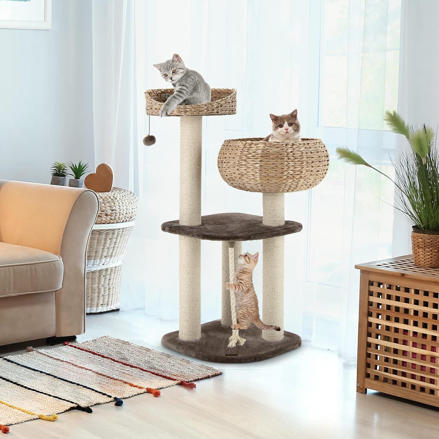 COSTWAY &Aacute;rbol para Gatos de Interior con Posaderos, Camas con Forma de Cesta Hechas a Mano, Pelota Juguete Colgando y Cuerda, Palos Rascadores Envueltos en Sisal Natural, Torre a la Moda para Gatos, , large Imagen numero 2