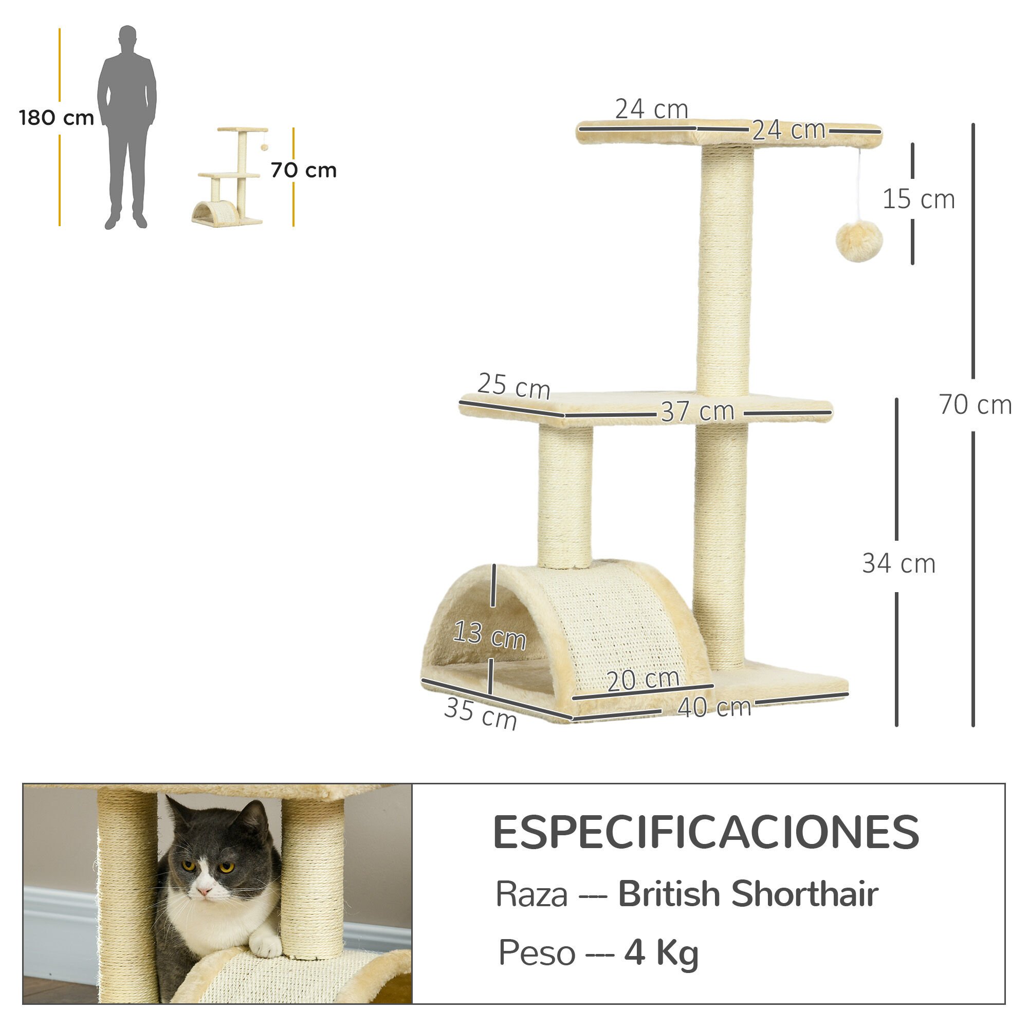 PawHut &Aacute;rbol Rascador para Gatos Mediano &Aacute;rbol para Gatos de 3 Niveles Torre para Gatos con Postes de Sisal Tablero para Rascar y Bola Colgante Crema, , large Imagen numero 3